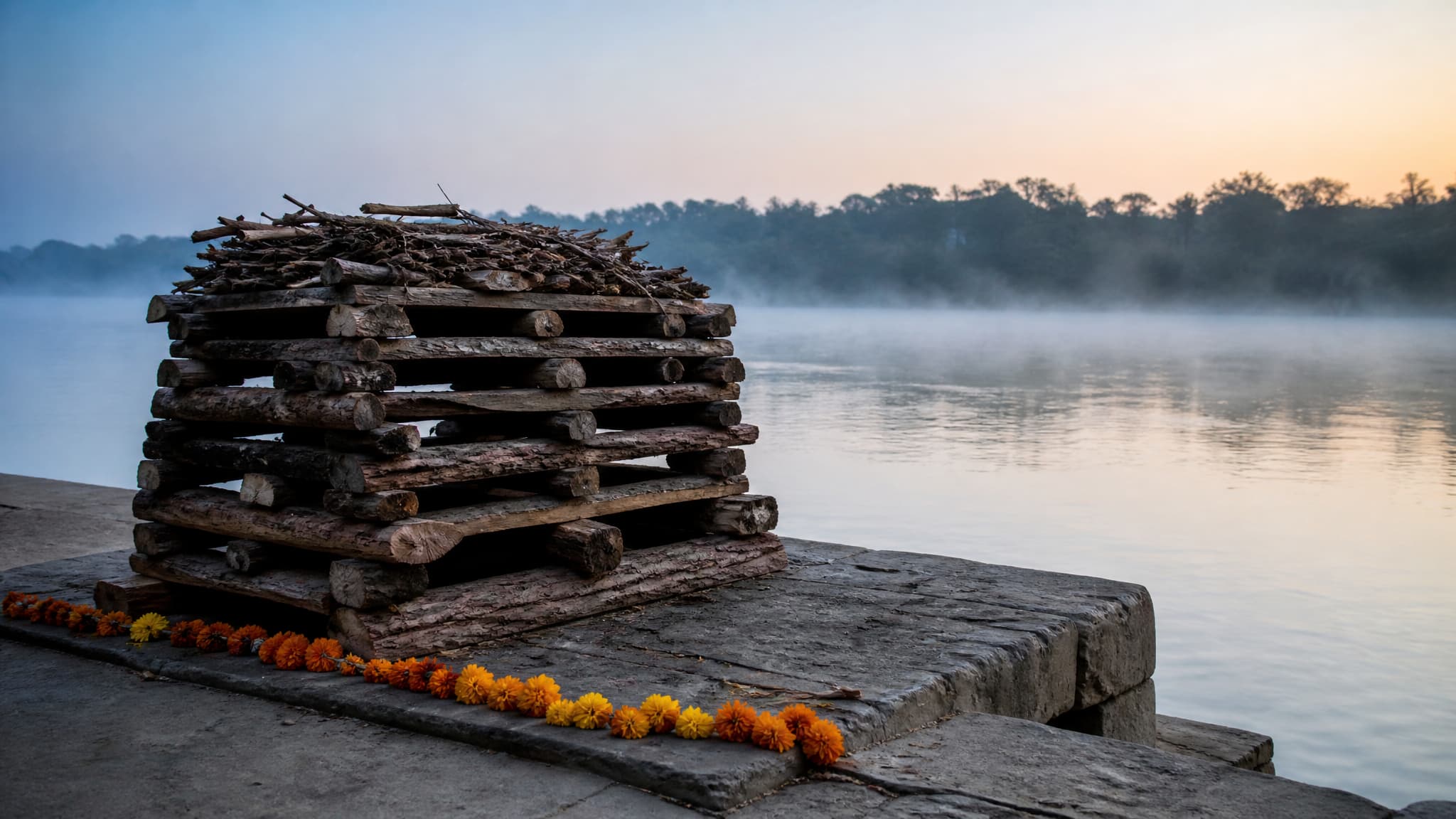 An unlit funeral pyre of stacked hardwood on a stone platform beside a wide river at first light, with marigold garlands laid along the edge of the platform