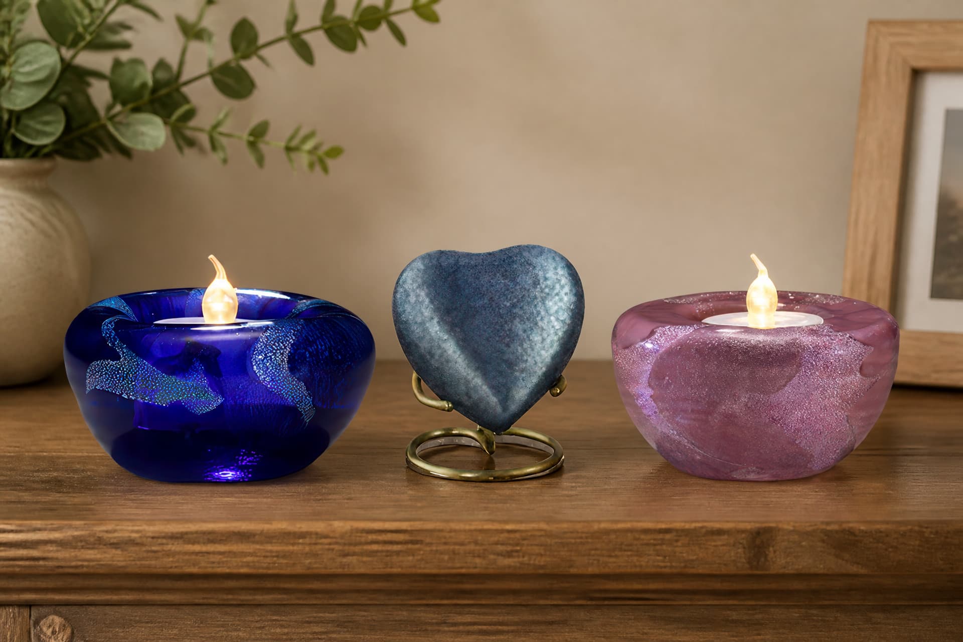 A deep blue glass tea light holder with a lit candle, a mottled blue heart keepsake on a brass ring stand, and a mauve-pink glass tea light holder, on a wooden shelf