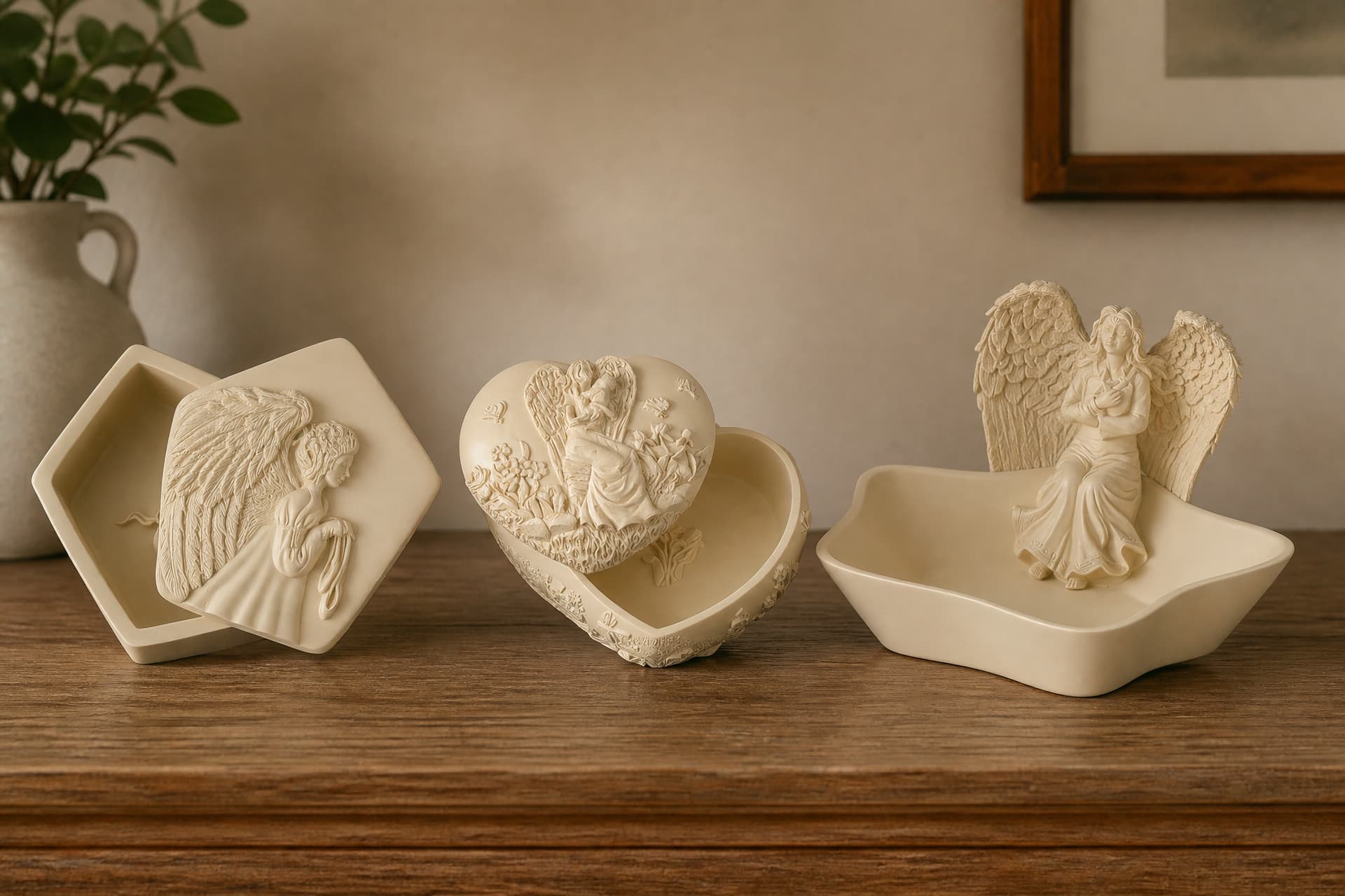 Three ivory keepsake boxes on a wooden shelf, a five-sided box with its lid resting ajar and a praying angel in relief, a heart-shaped box with a seated angel among flowers, and a shallow star-edged dish with a winged angel seated on its rim