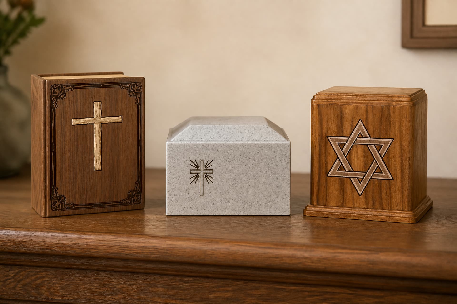 Three faith-specific cremation urns standing on a wooden shelf โ a book-form wood urn with an inlaid cross, a white cultured-marble urn with a radiating cross, and a walnut urn with a Star of David