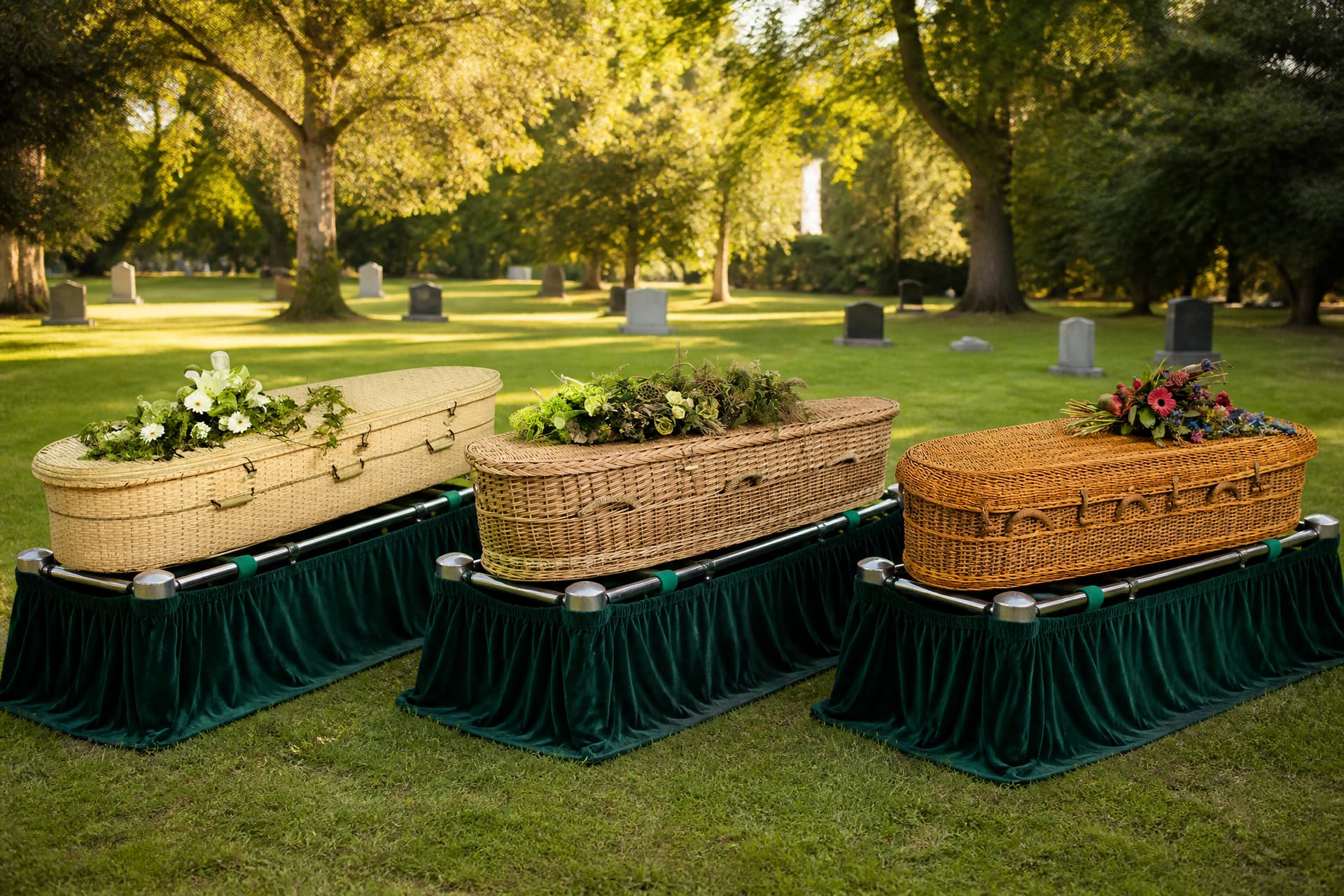 Three woven natural-material caskets โ bamboo, willow and seagrass โ resting on lowering rails on a cemetery lawn, each carrying a floral spray