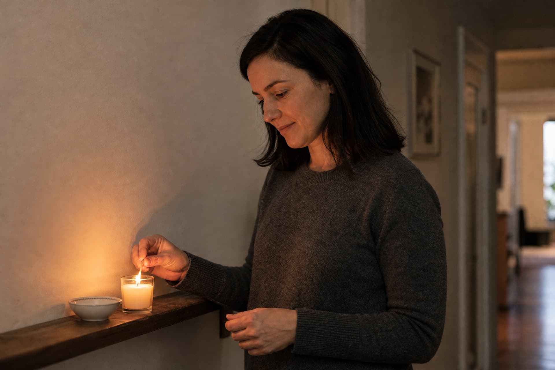 A woman in a plain gray sweater lighting a single candle in a clear glass on a narrow wooden shelf in a home hallway, a small white ceramic bowl beside it