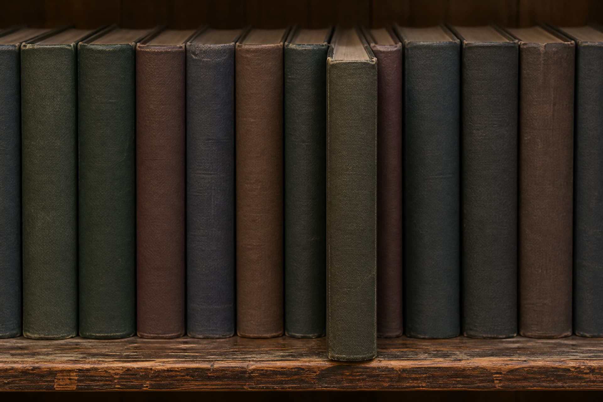 A row of plain bound statute volumes on a wooden library shelf in flat daylight, spines worn and unlabelled, one volume pulled slightly forward from the row