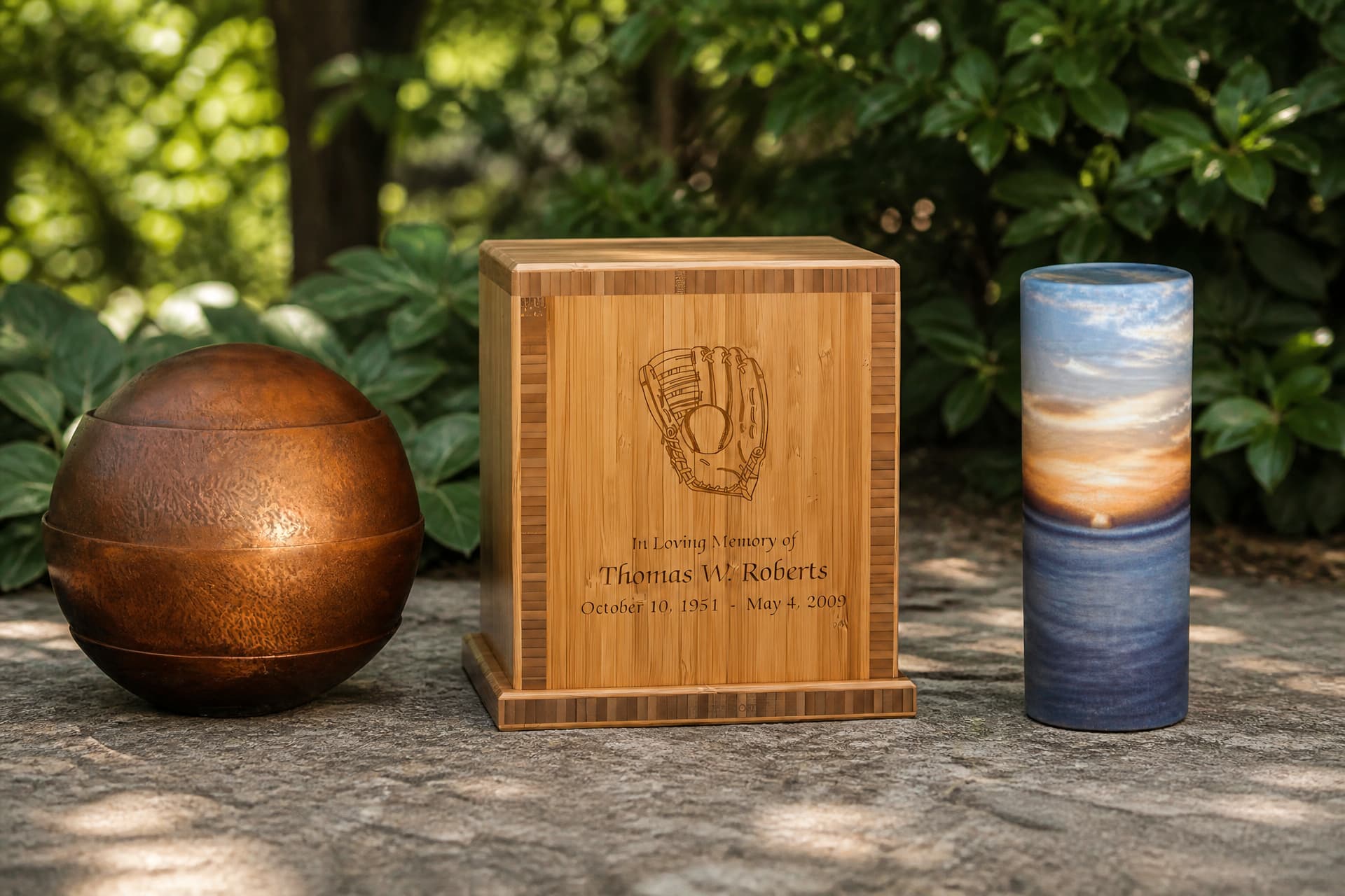 Three biodegradable cremation urns on a stone surface with dark green foliage behind, a hammered bronze-finish sphere, an engraved bamboo box and a tall cylinder printed with a blue and orange sunset