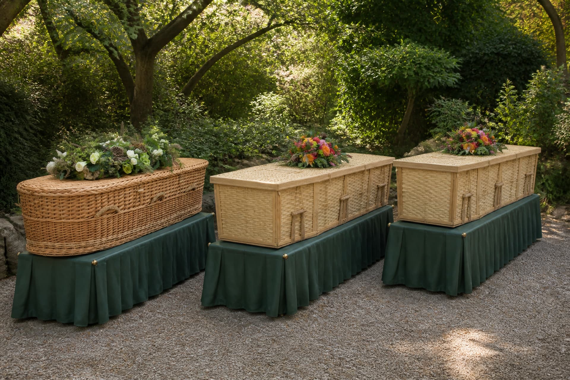 Three full-size woven caskets on draped green biers on a gravel path beneath trees, one rounded willow and two squared bamboo, each with a floral spray on the lid and woven rope handles along the sides