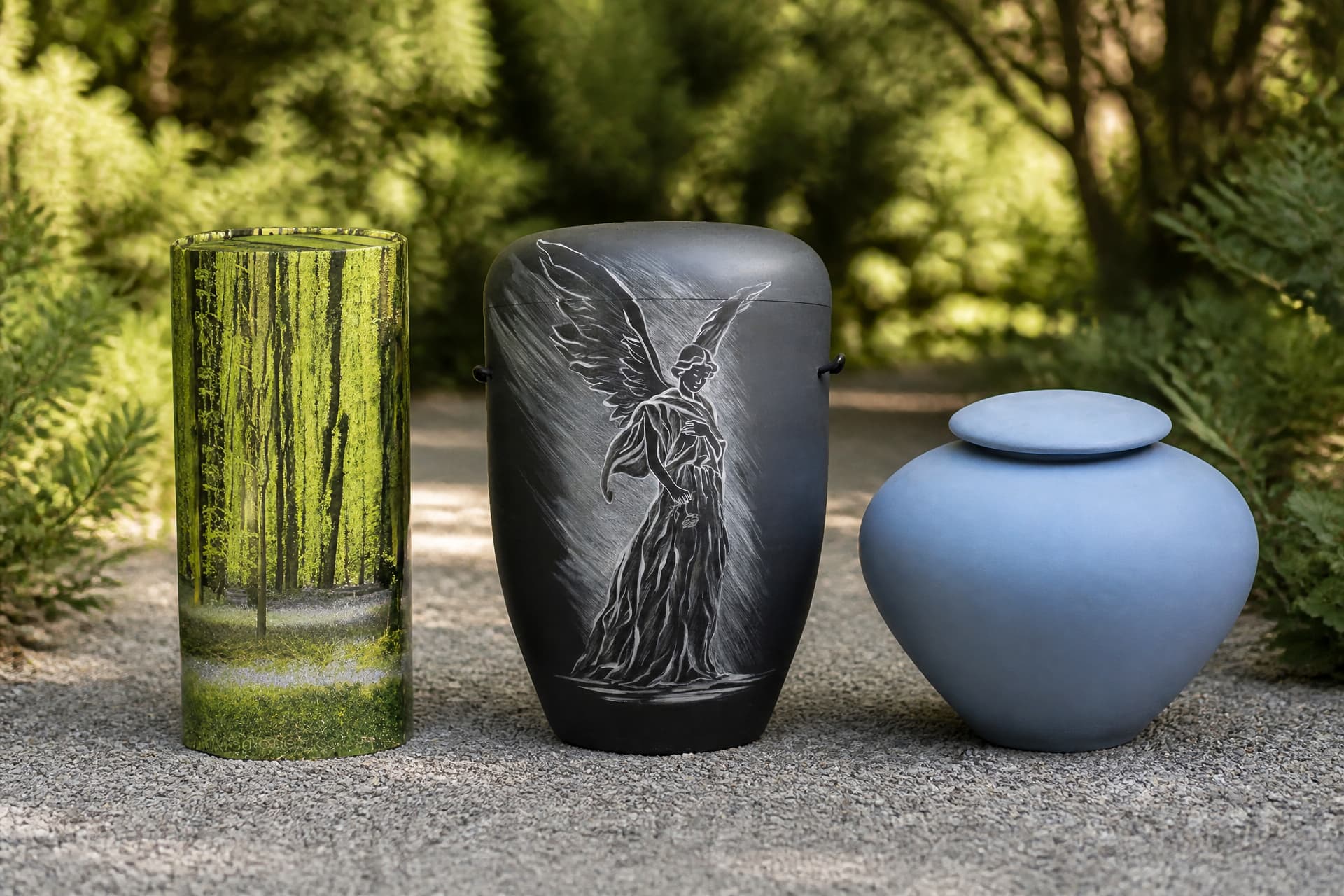 Three biodegradable cremation urns standing on a gravel garden path with dense green foliage behind, a tall cylinder printed with a sunlit woodland, a dark urn bearing an etched angel, and a rounded pale blue jar with a flat lid