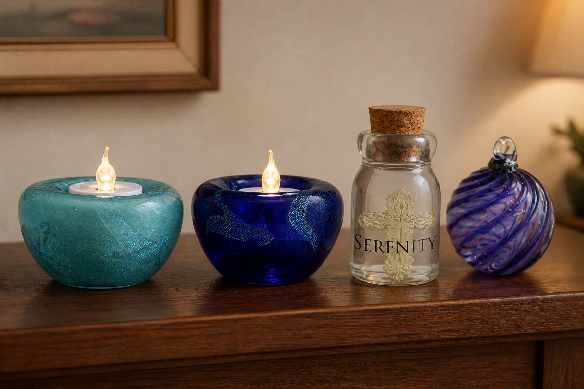 An aqua art glass tea light holder, a cobalt blue tea light holder, a corked glass jar marked Serenity, and a swirled purple glass ornament, on a wooden shelf