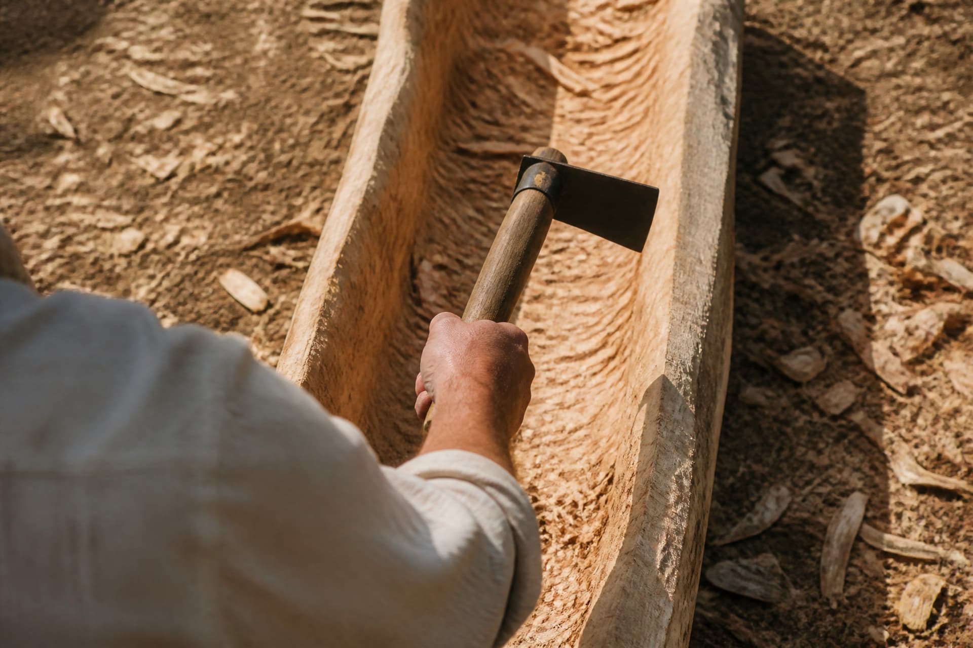 A hand raising a wooden-handled adze over the hollowed inside of a split log, wood shavings scattered around it