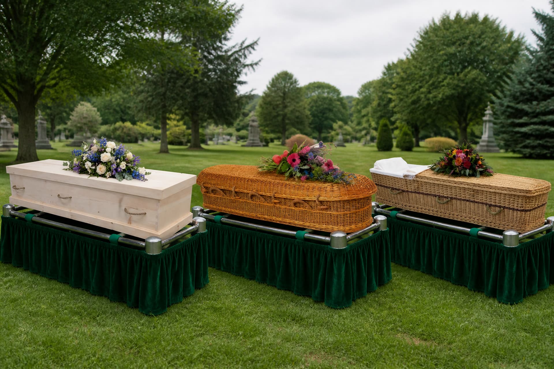 Three plain burial containers in unfinished wood and woven natural fiber, resting side by side on draped biers on a cemetery lawn