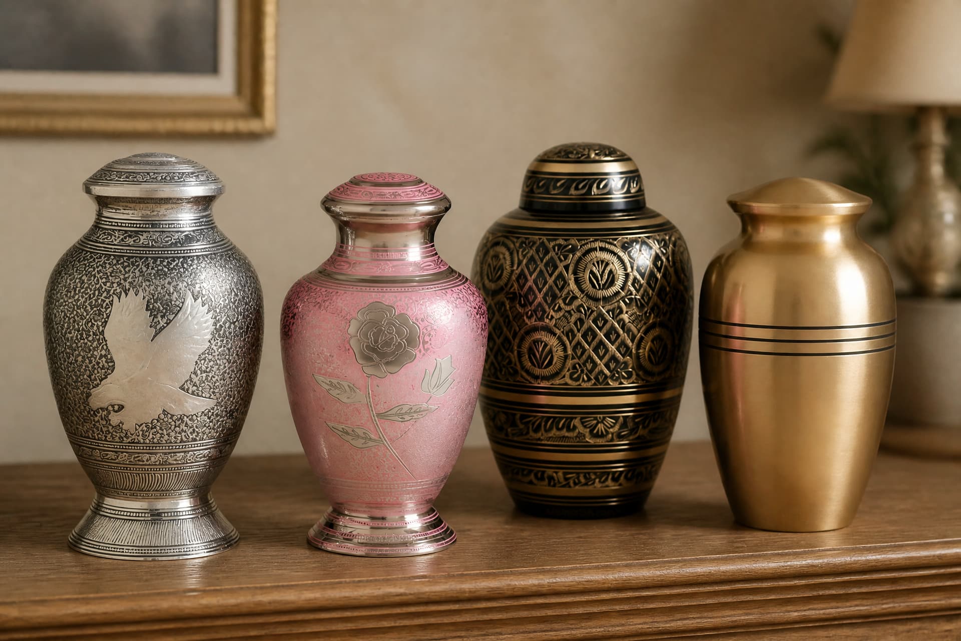 Four biodegradable cremation urns arranged on a wooden shelf in a softly lit family home