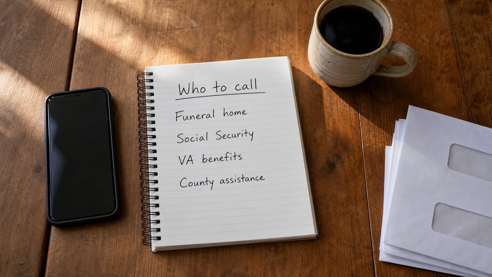 A kitchen table seen from above in early morning light, a spiral notebook open to a handwritten list headed 'Who to call', a mobile phone face up beside it, a mug of tea and a small stack of unopened envelopes