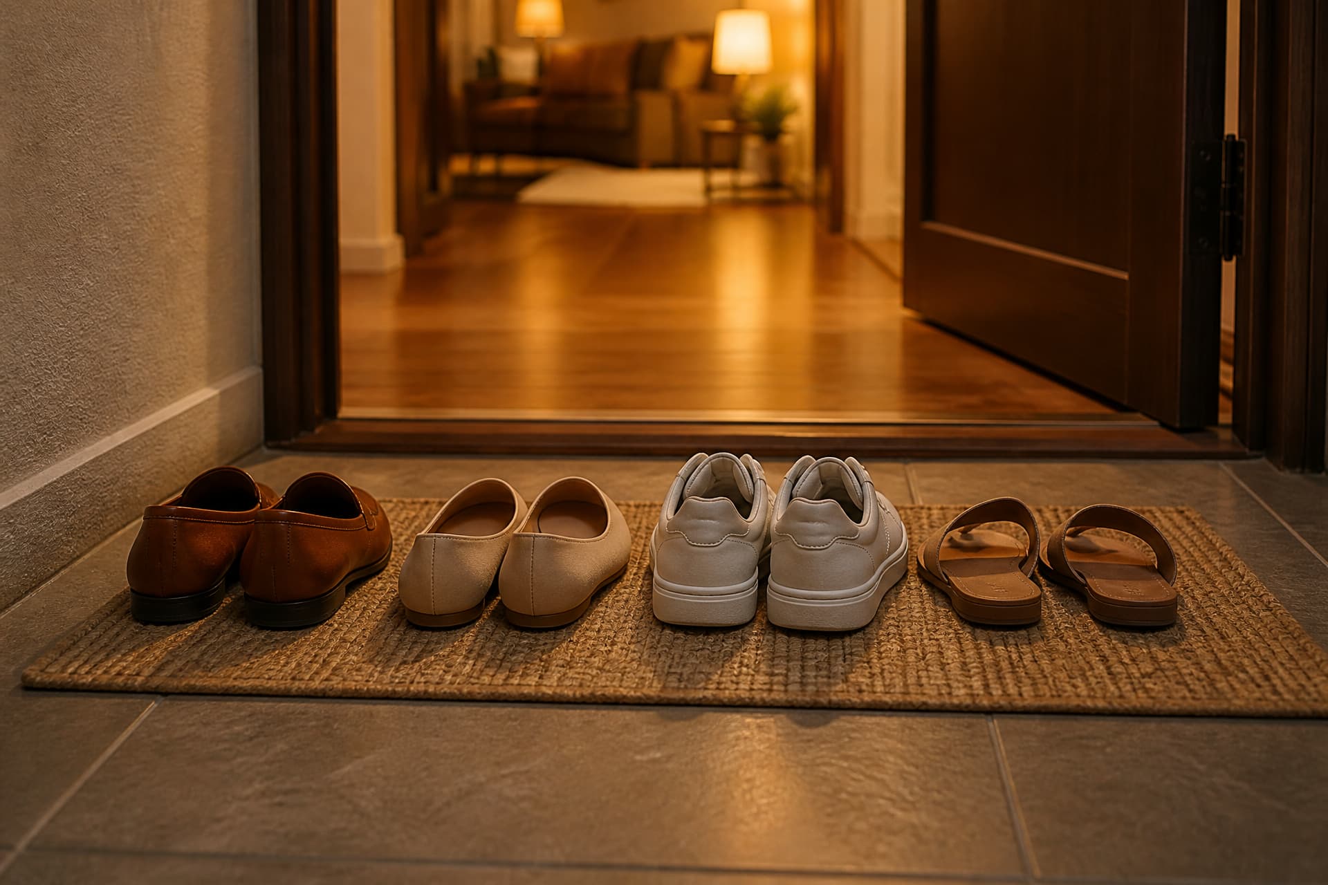 Several pairs of shoes left neatly on a mat outside an open interior doorway, with warm light spilling from the room beyond