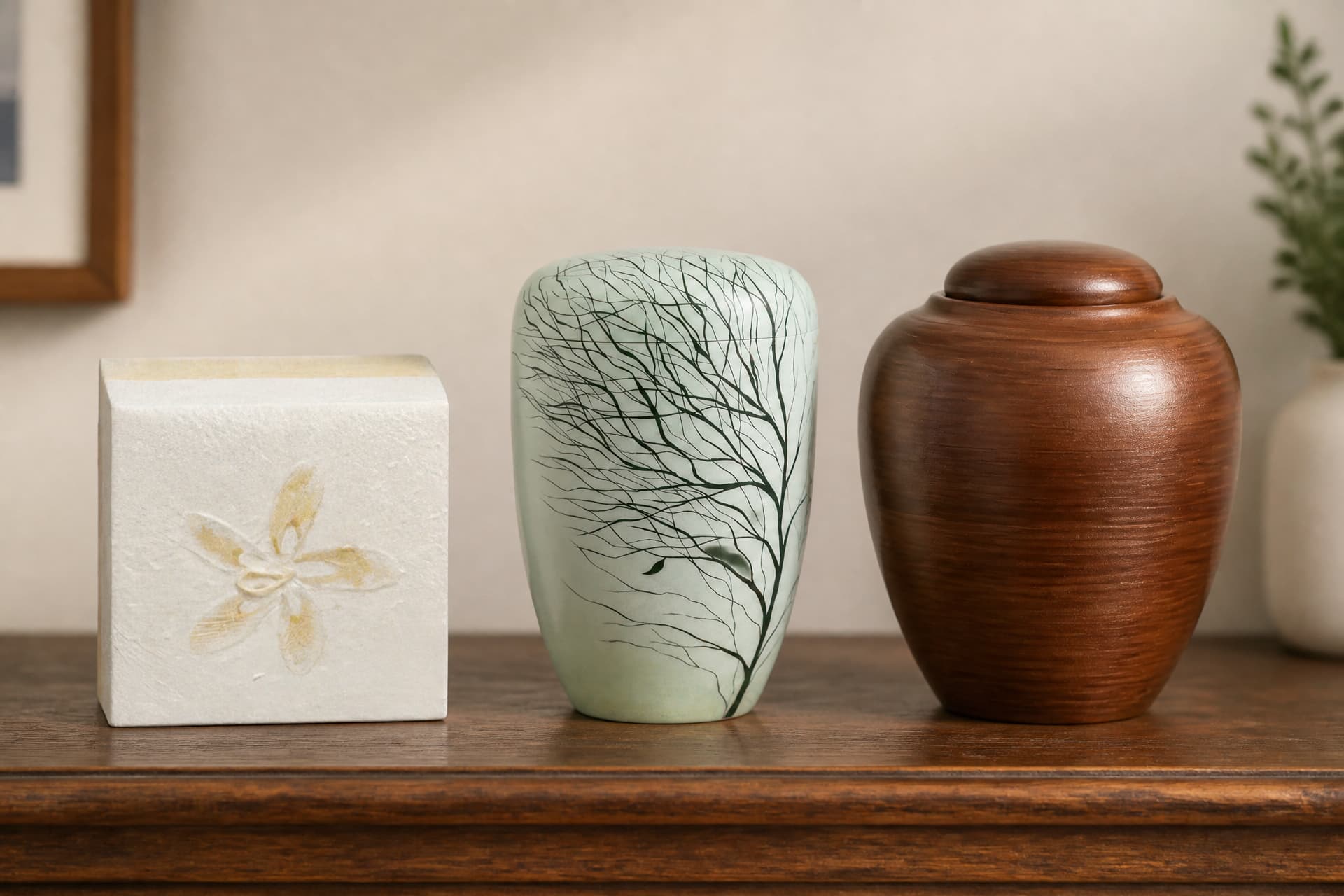 Three biodegradable cremation urns standing in a row on a wooden sideboard in a softly lit room
