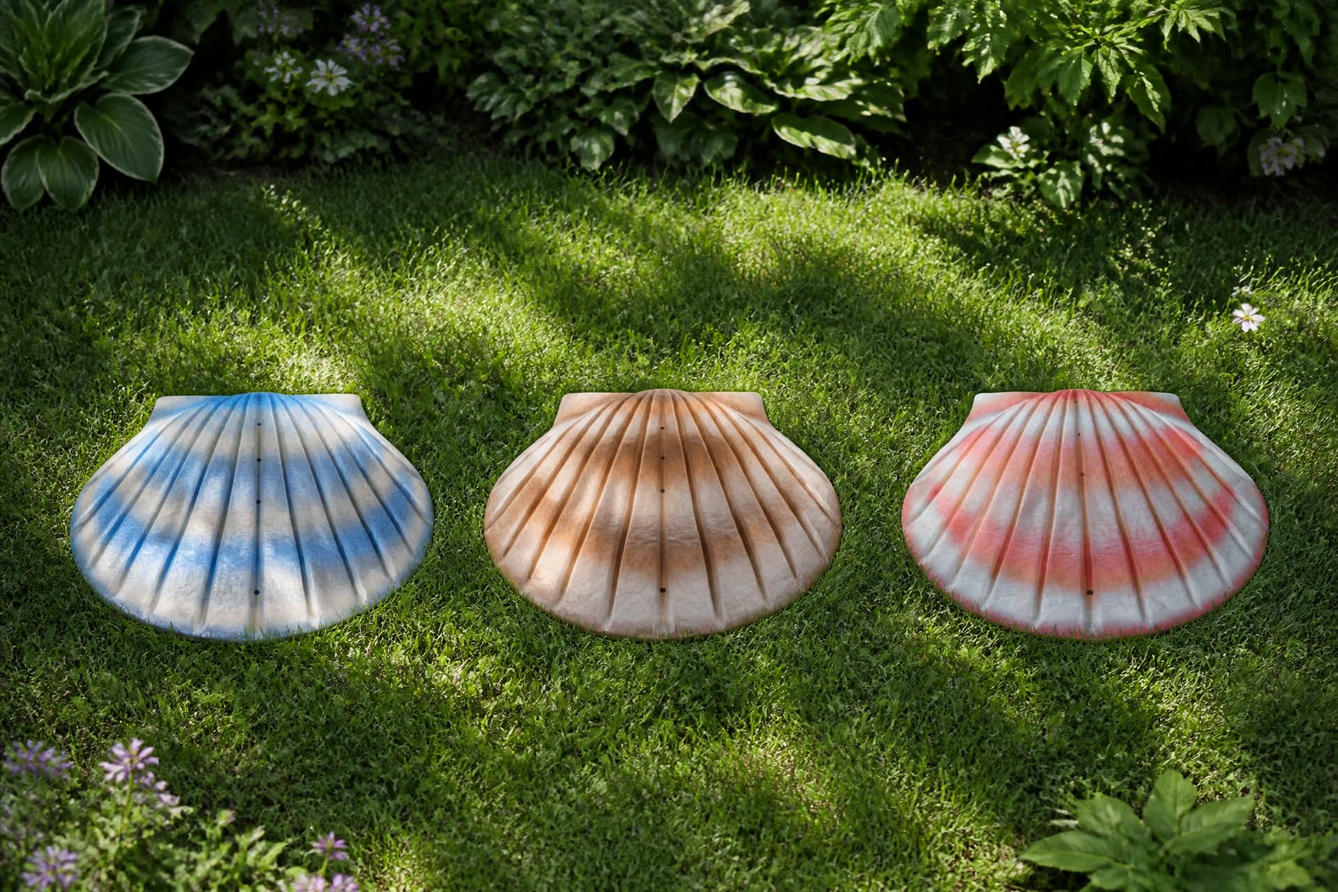 Three shell-shaped biodegradable cremation urns in blue, tan and coral, lying face up on a shaded garden lawn