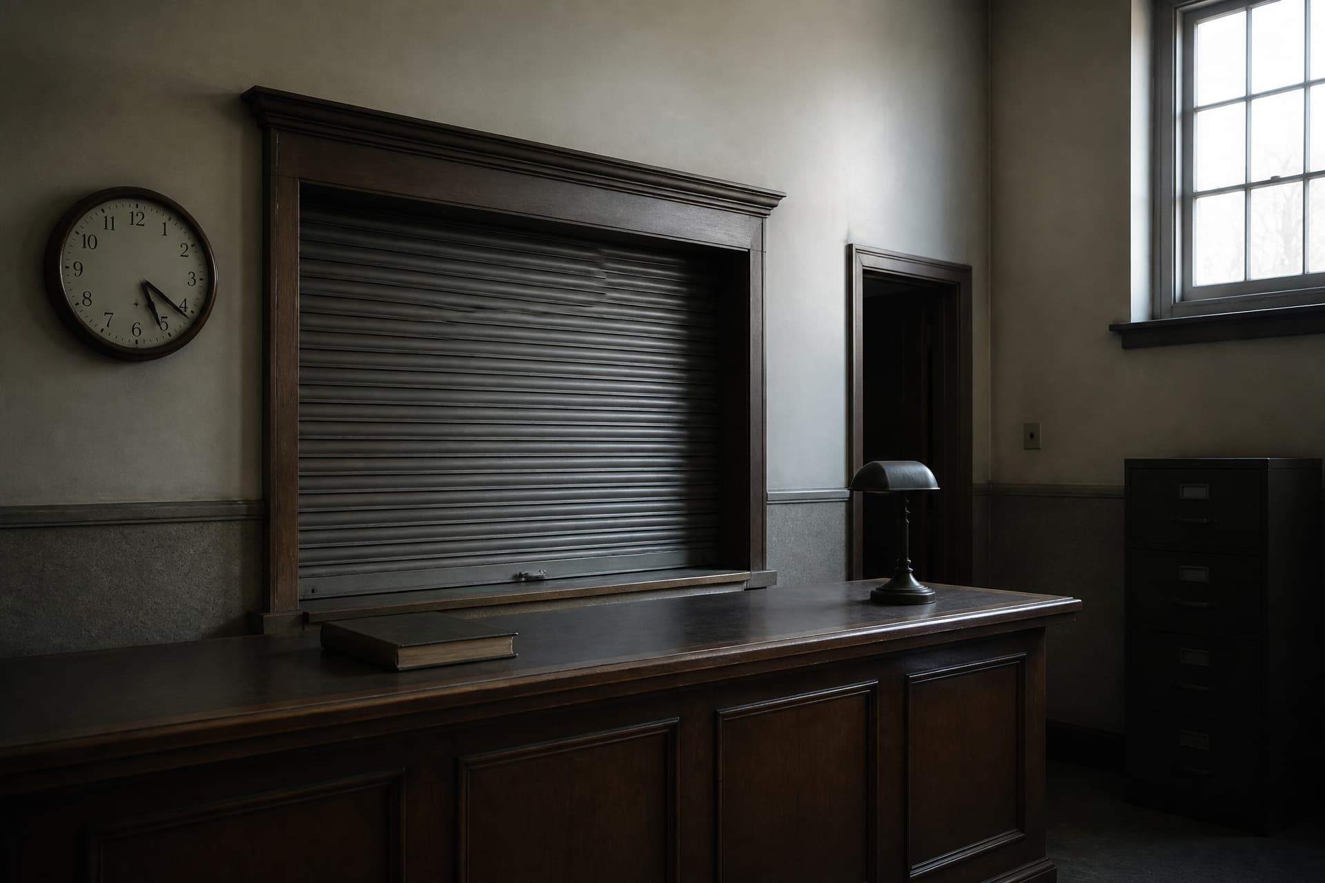 An empty municipal records office counter with the service window shutter pulled down, a closed ledger and an unlit desk lamp on the dark wooden counter, a wall clock reading late afternoon