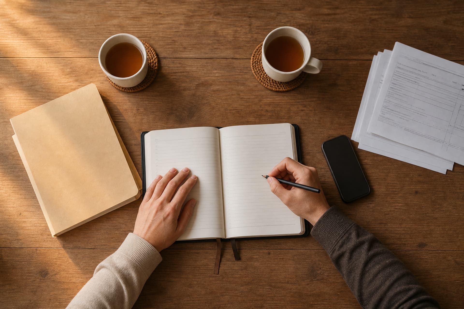 A kitchen table seen from directly above with two pairs of hands at an open blank planner, one holding a pencil, two mugs of tea, a manila folder, a phone face down and a small stack of printed forms