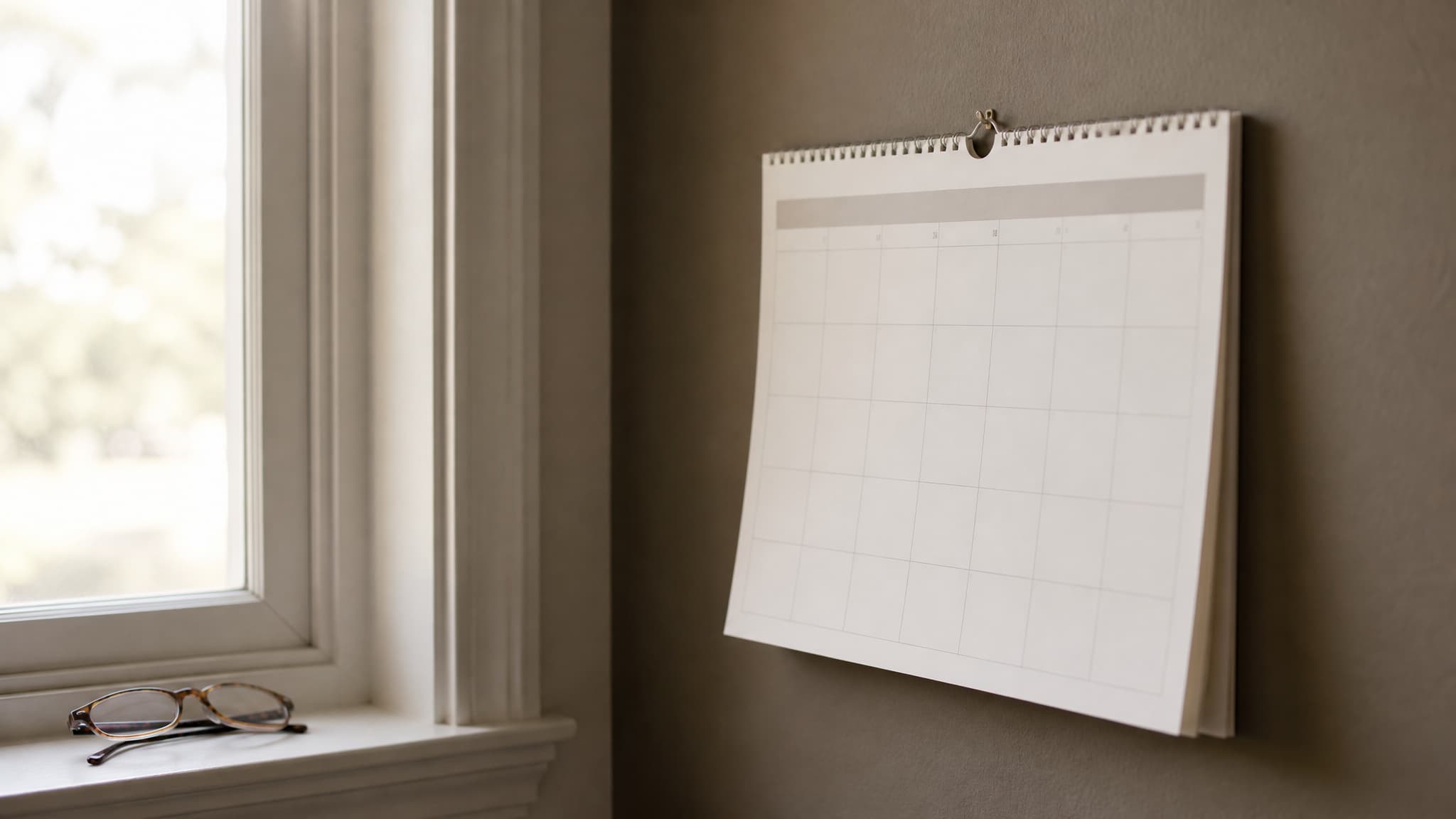 A spiral-bound wall calendar hanging in a quiet room, its month grid entirely blank with nothing written in any square, lit by soft daylight from a window to the left, a folded pair of reading glasses resting on the sill beside it
