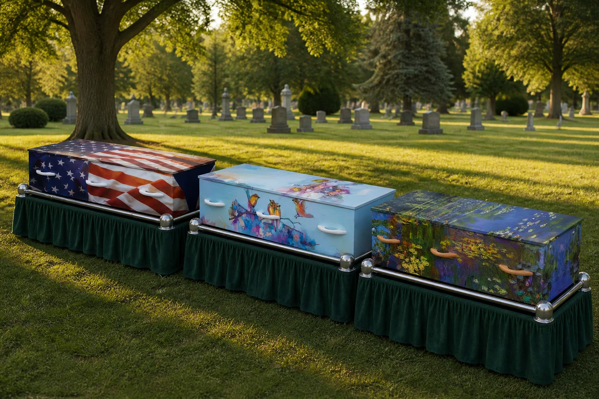 Three cremation caskets resting on draped biers in a row on a sunlit cemetery lawn, one printed with an American flag, one pale blue with painted songbirds, one with an impressionist water-garden design