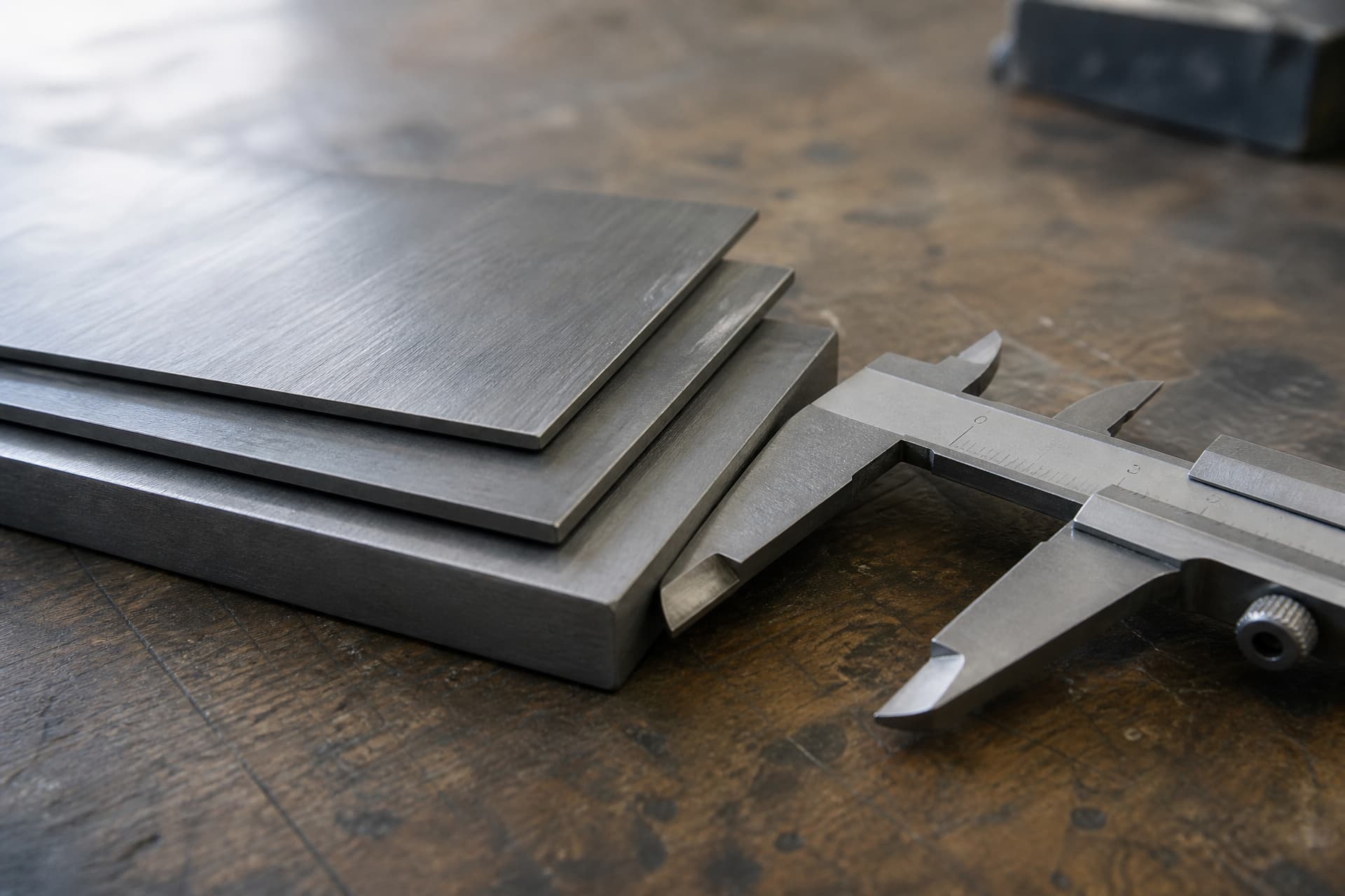 Three flat steel sheet samples of visibly different thicknesses stacked slightly offset on a scuffed workbench, with an open vernier caliper measuring the thickest edge