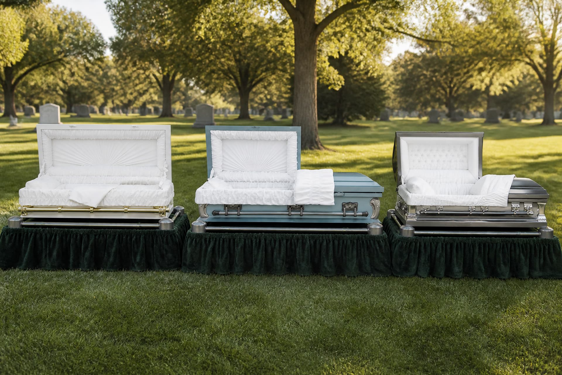 Three metal caskets displayed open on draped biers in a sunlit cemetery, one white with gold-tone rails, one pale blue, one brushed steel, all with white crepe interiors