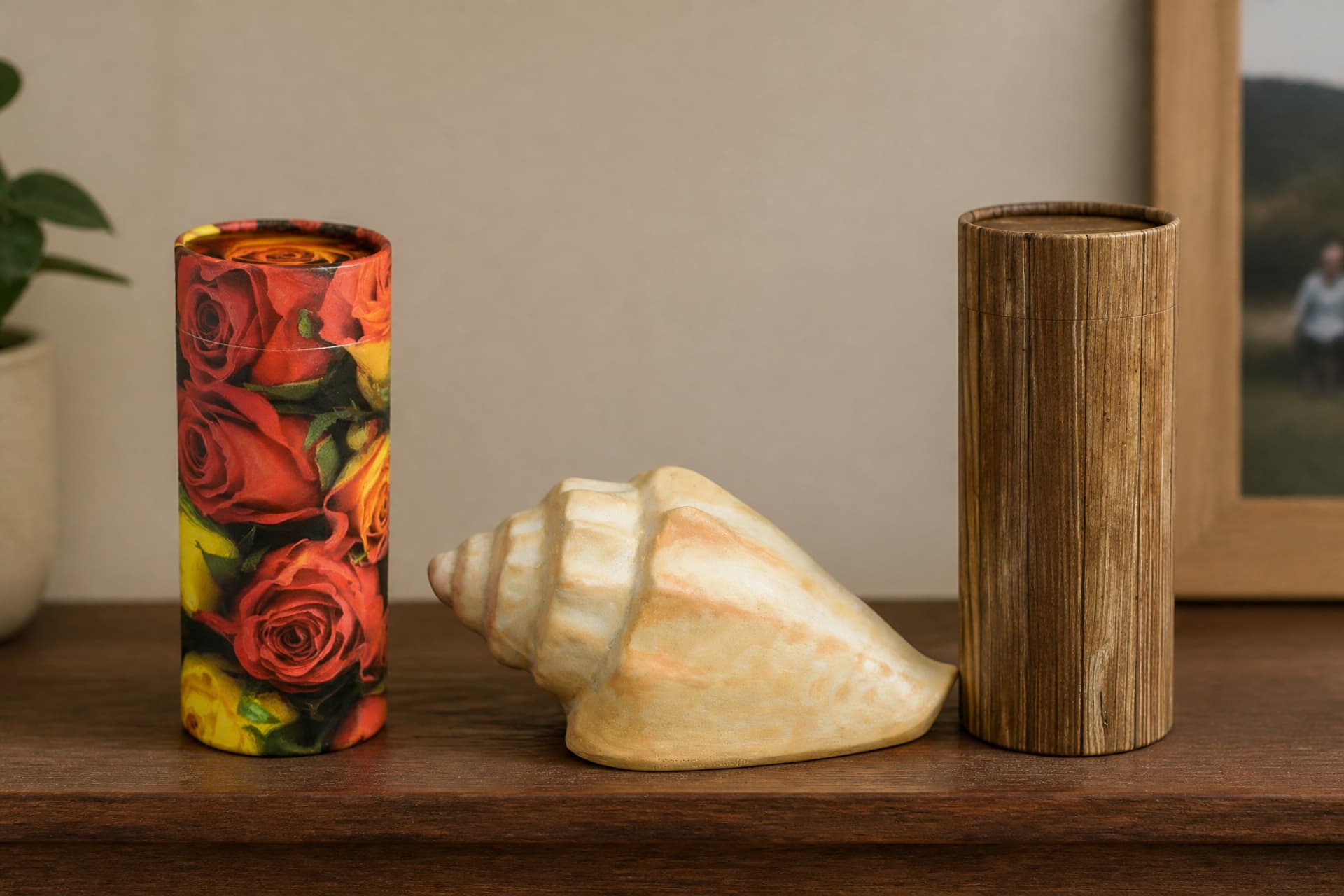 Three biodegradable cremation urns on a wooden shelf in soft daylight: a cylinder printed with red and yellow roses, a cream conch-shaped clay urn resting on its side, and a wood-grain scattering cylinder