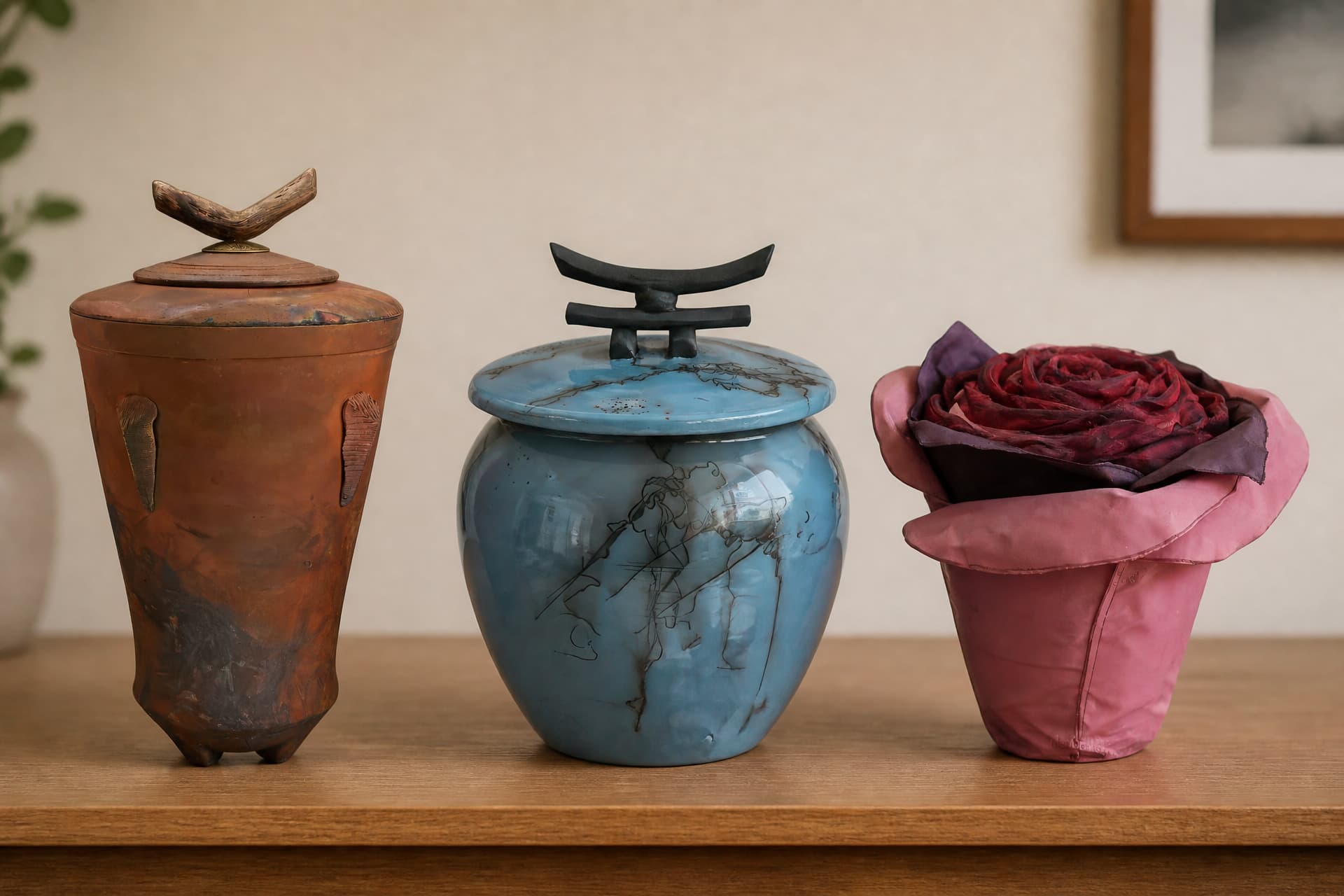 Three nature-themed cremation urns on a wooden sideboard: a copper-toned raku vessel topped with a forked driftwood finial, a blue-gray raku jar with a black crosspiece finial, and an urn shaped as an open rose