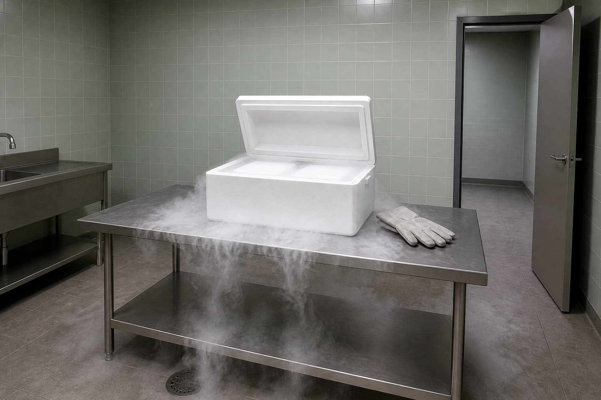 A tiled preparation room, an open white insulated chest of dry ice on a stainless steel table, white vapor spilling over its rim and down to the floor drain, heavy gloves folded beside it, an open doorway at the right