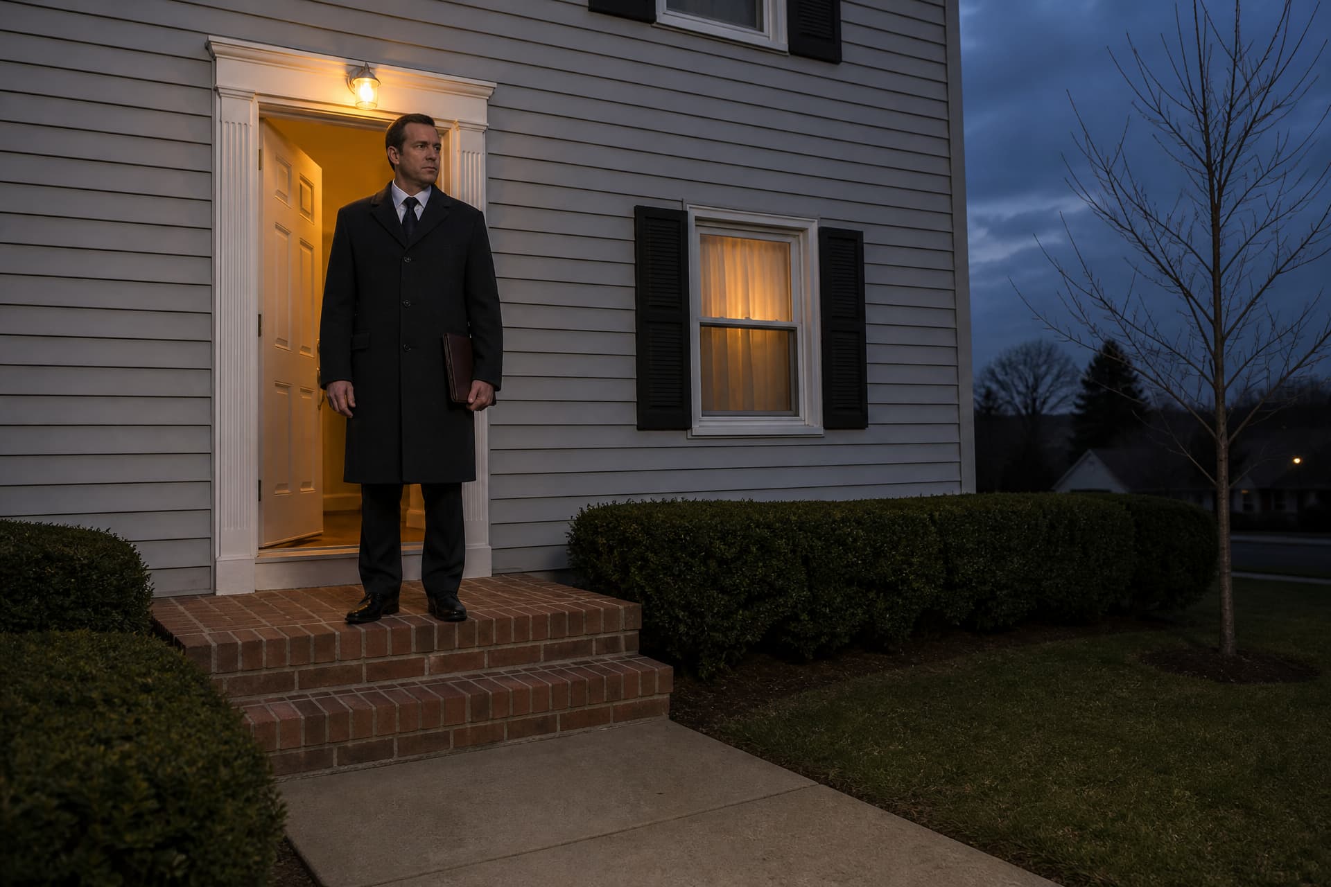 A funeral director in a dark overcoat stands on the brick front step of a modest two-story New Jersey house at dusk, a slim closed leather folder at his side, warm hall light spilling from the open door