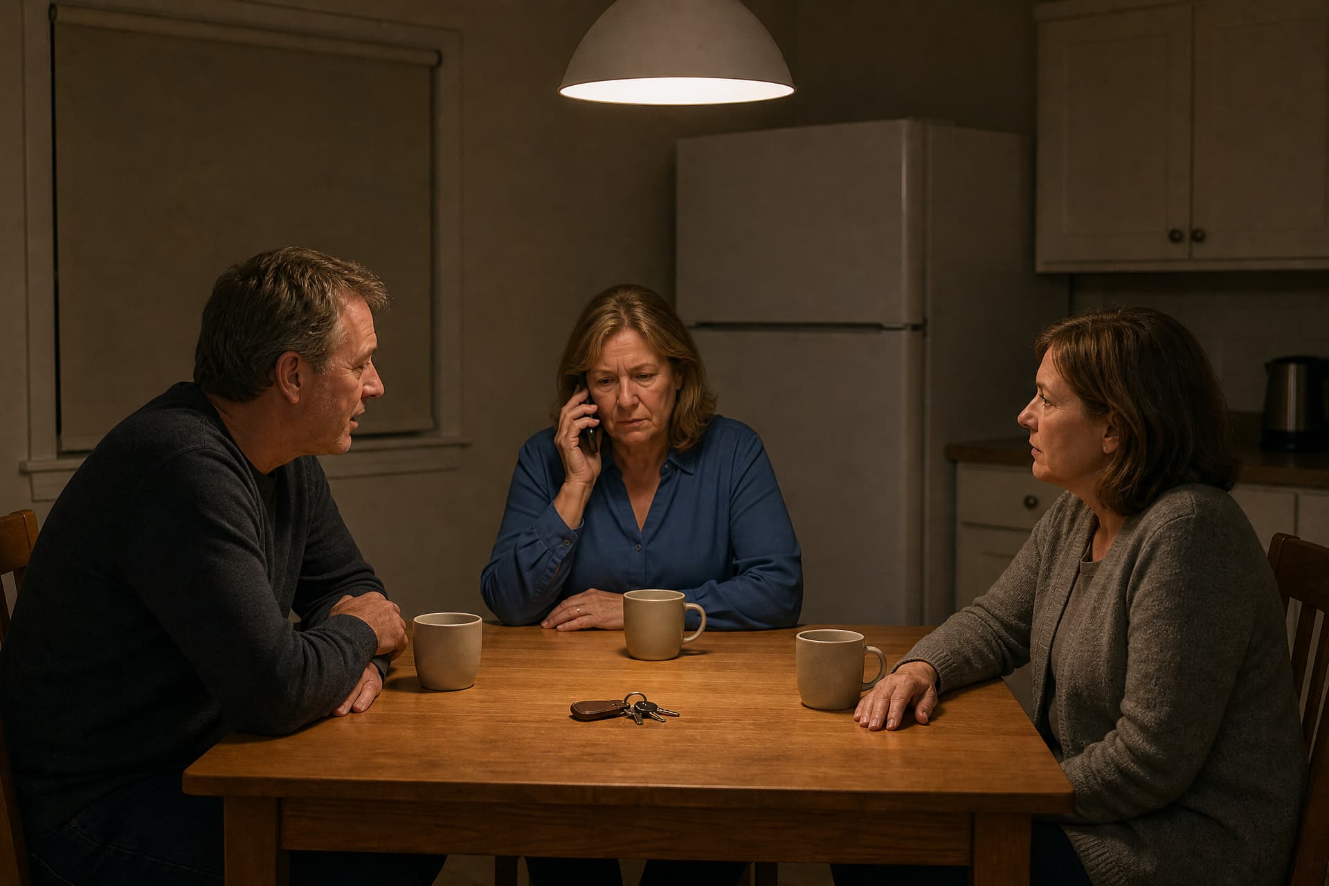 Three adults in their fifties sit around a kitchen table under a low pendant lamp in the evening, two turned toward each other in conversation and the third holding a phone to her ear, mugs and car keys between them