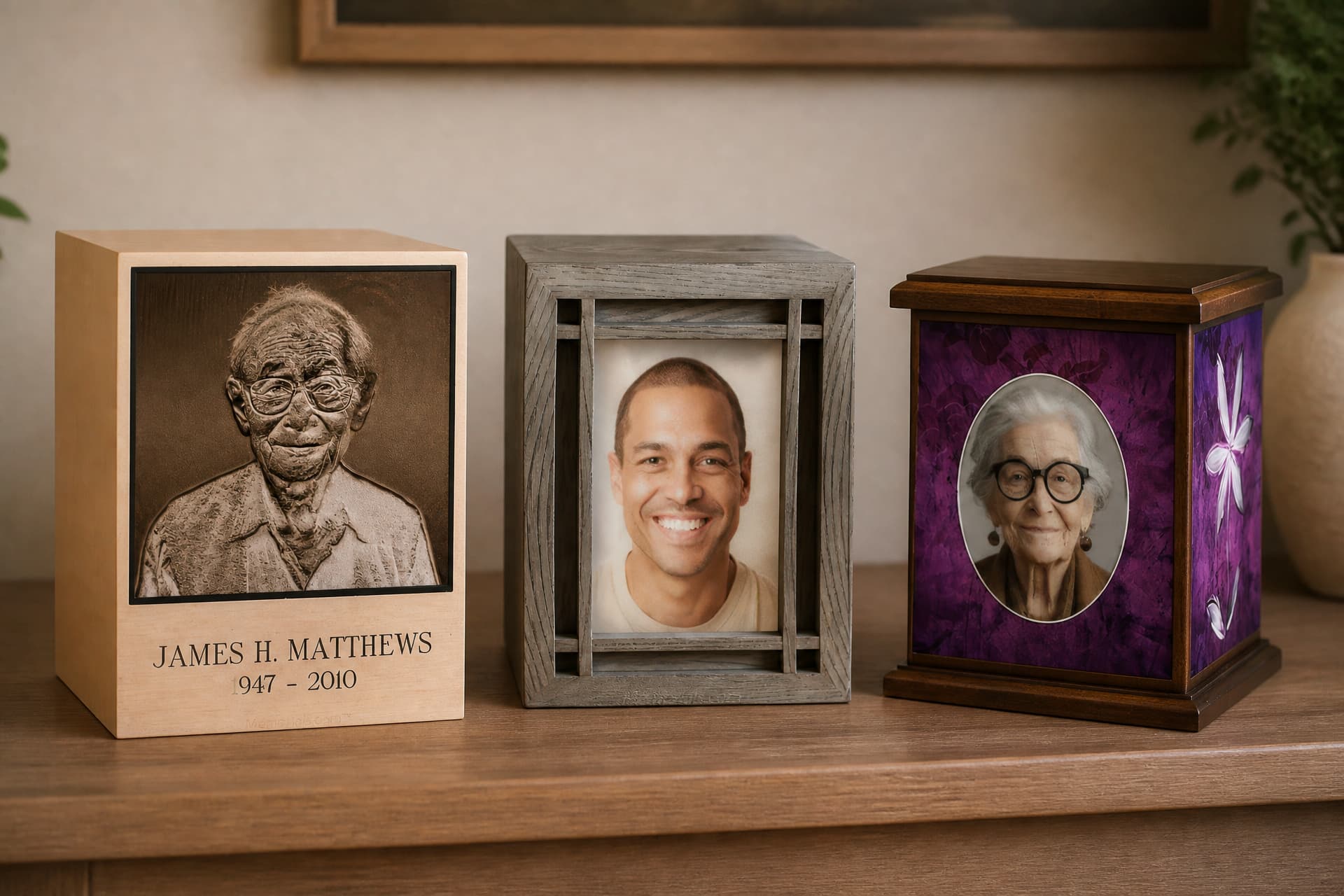 Three personalized cremation urns on a wooden sideboard in warm light: a bronze cube with an engraved portrait and name, a gray oak chest framing a photograph, and a dark wood urn with a magenta panel and oval portrait