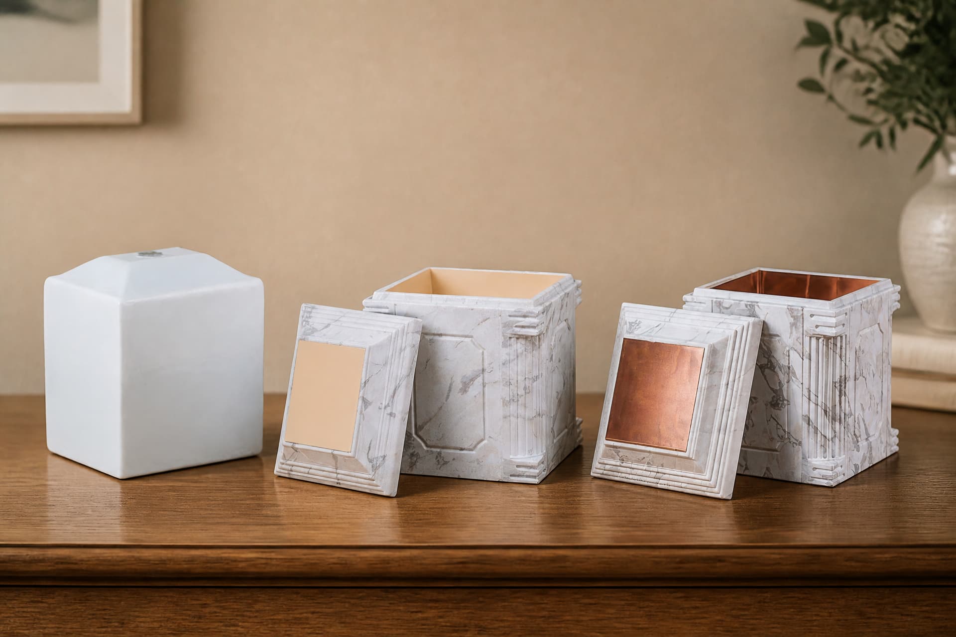 Three urn vaults spaced along a wooden sideboard in soft daylight: a plain white one closed at the left, and two marble-patterned vaults with their lids lifted off and leaning in front, showing cream and copper linings