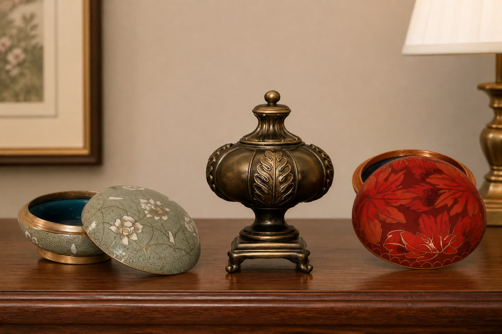 A sage green cloisonne keepsake box with pink blossoms and its lid resting against it, an ornate footed brass keepsake urn, and a red lacquered box with gold maple leaves, on a wooden sideboard