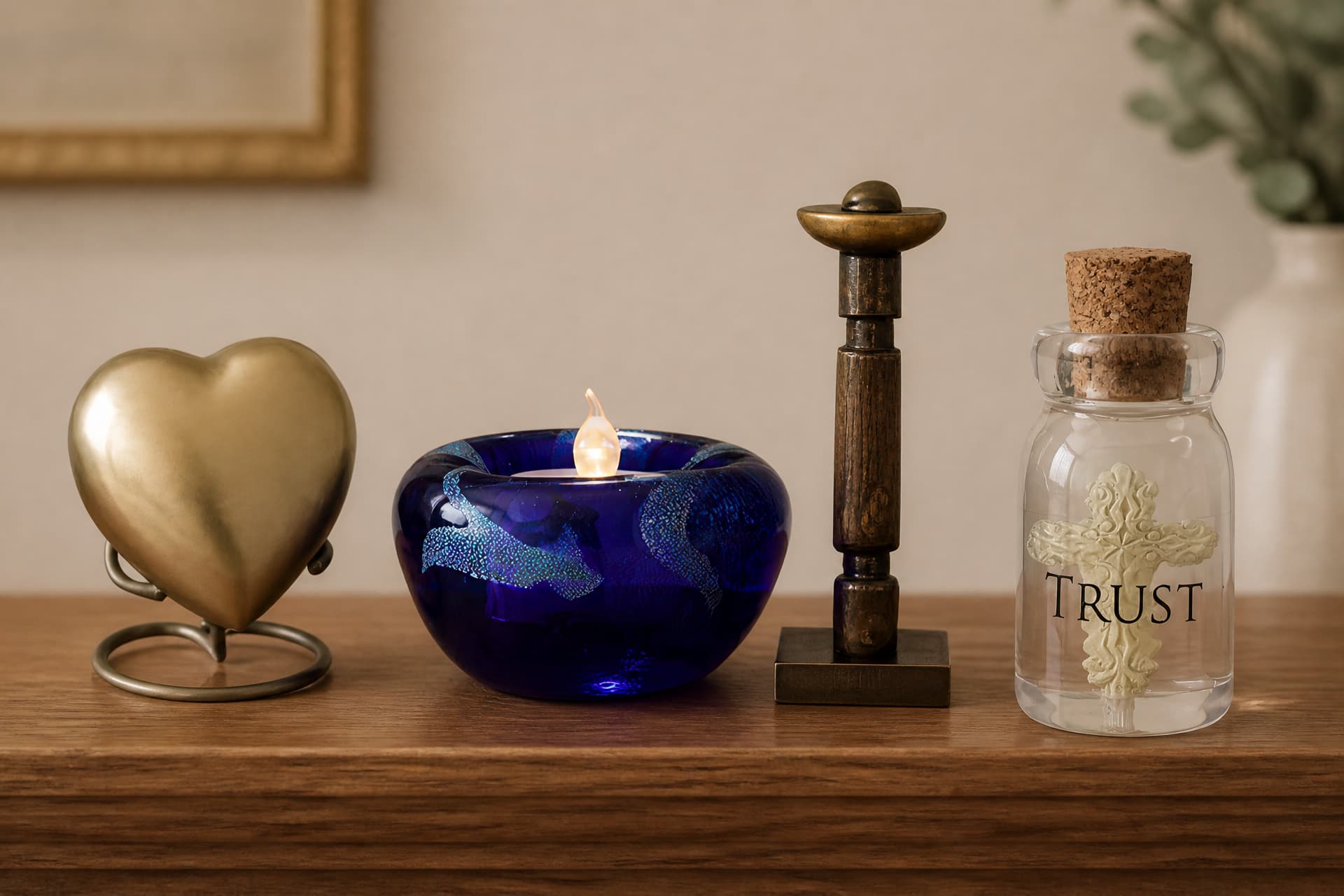 A brushed gold heart keepsake on a metal ring stand, a cobalt blue glass tealight holder with a lit flame, a dark turned-wood candle holder with a bronze cap, and a corked glass jar marked Trust holding a cast cross, standing on a wooden shelf