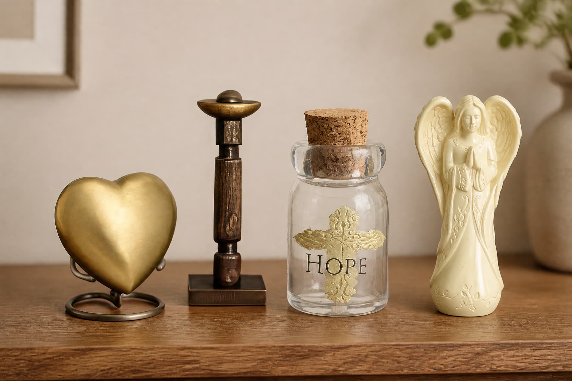 A brass heart keepsake on a wire stand, a dark bronze pillar candle holder, a corked glass jar marked Hope with a gold cross, and a cream cast praying angel, on a wooden shelf