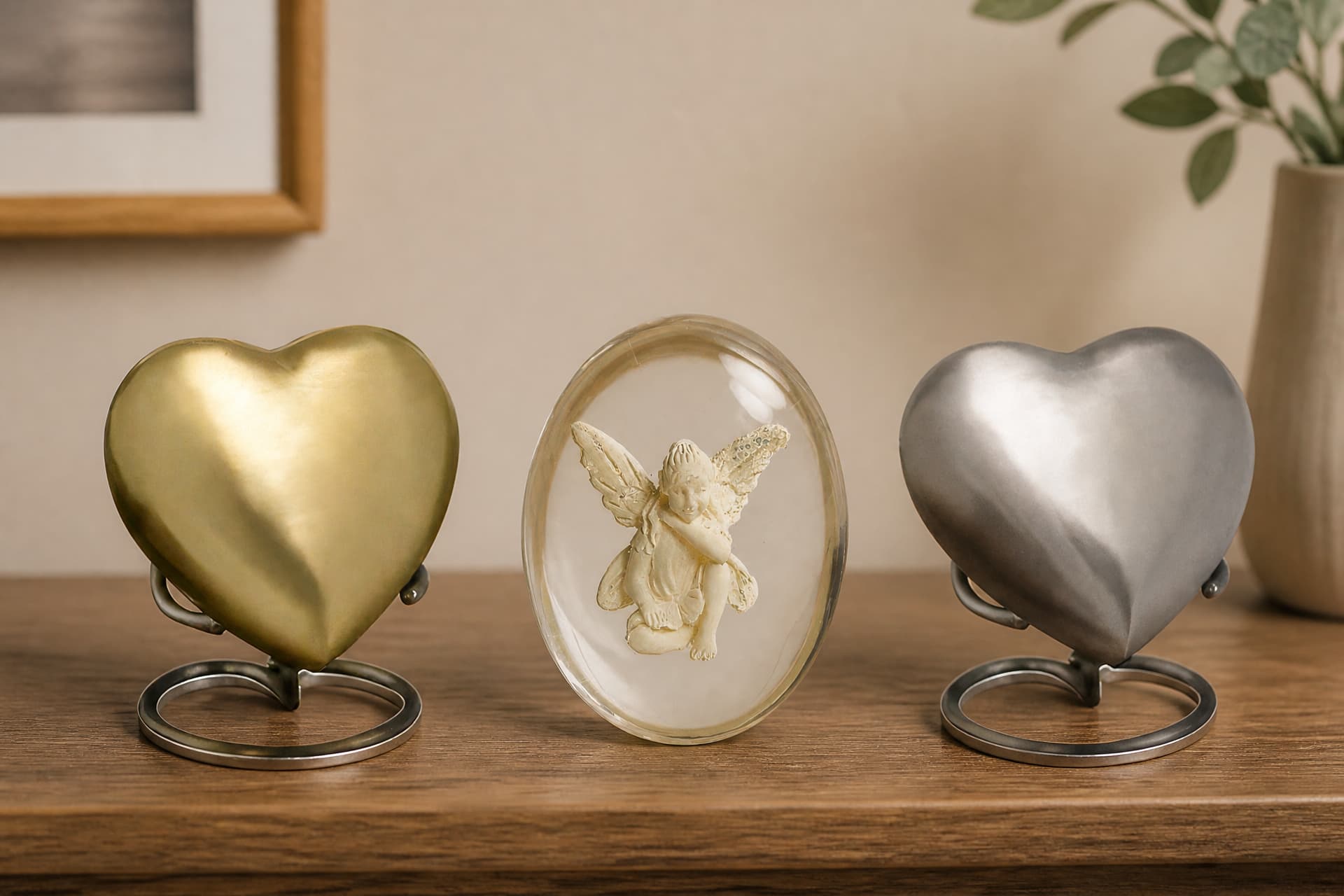 A gold heart keepsake urn on a small ring stand, a clear oval keepsake with a seated fairy figure set inside it, and a silver heart keepsake urn on a ring stand, standing in a row on a wooden shelf