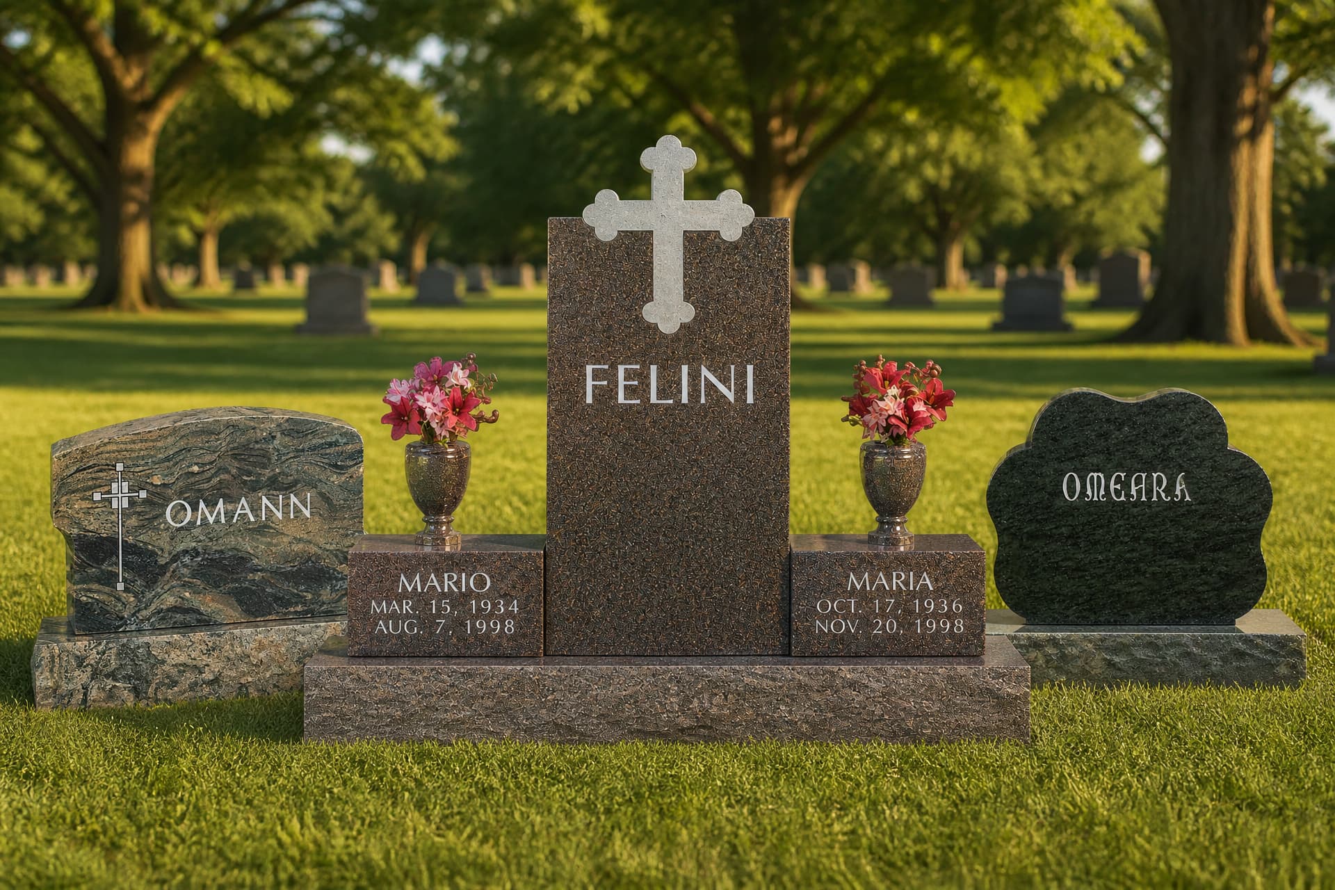3 memorials shown standing on a sunlit cemetery lawn