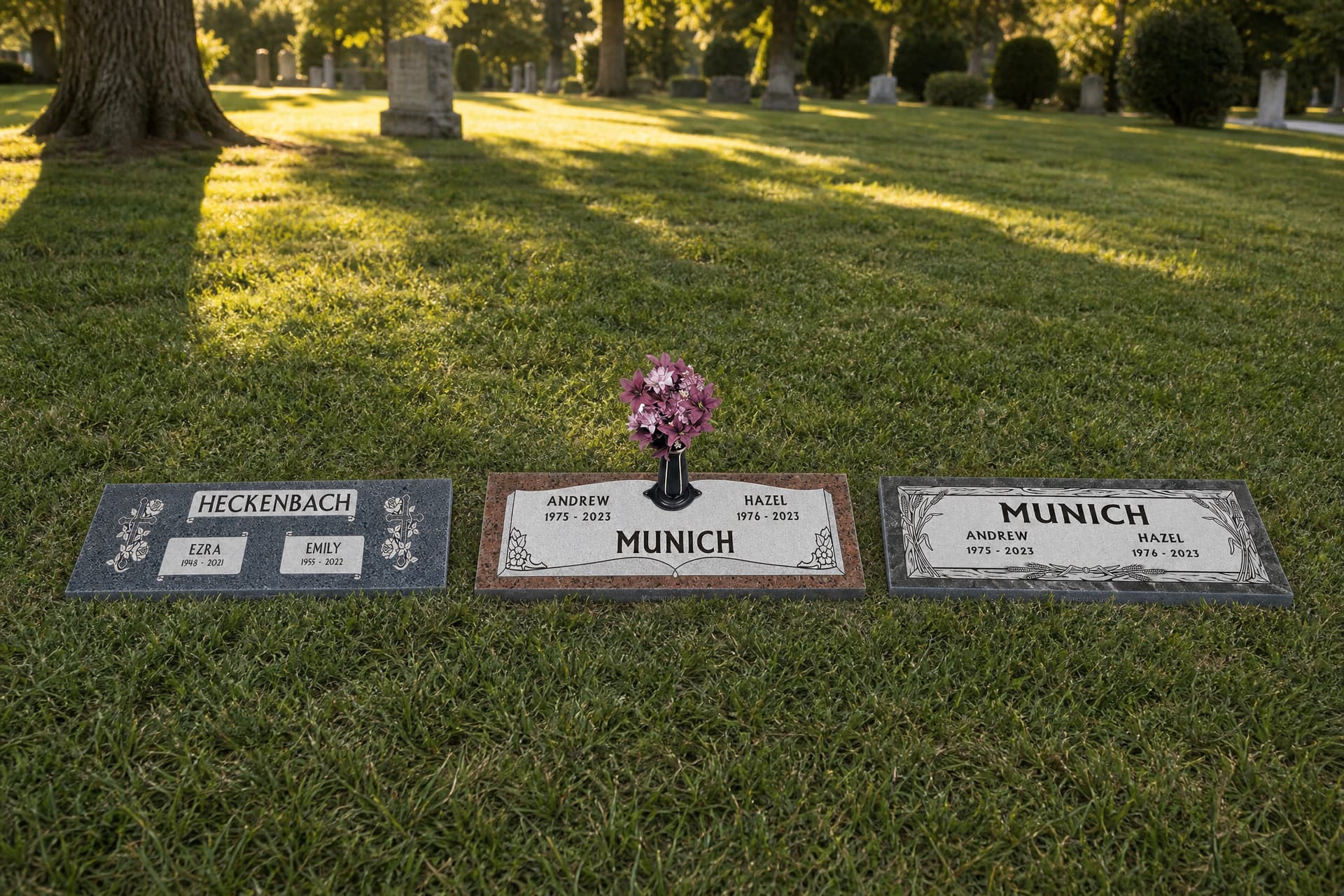 Three flat granite companion markers set flush in a sunlit cemetery lawn, each carved with two names and two sets of dates, one with a bronze vase and flowers rising from its top edge