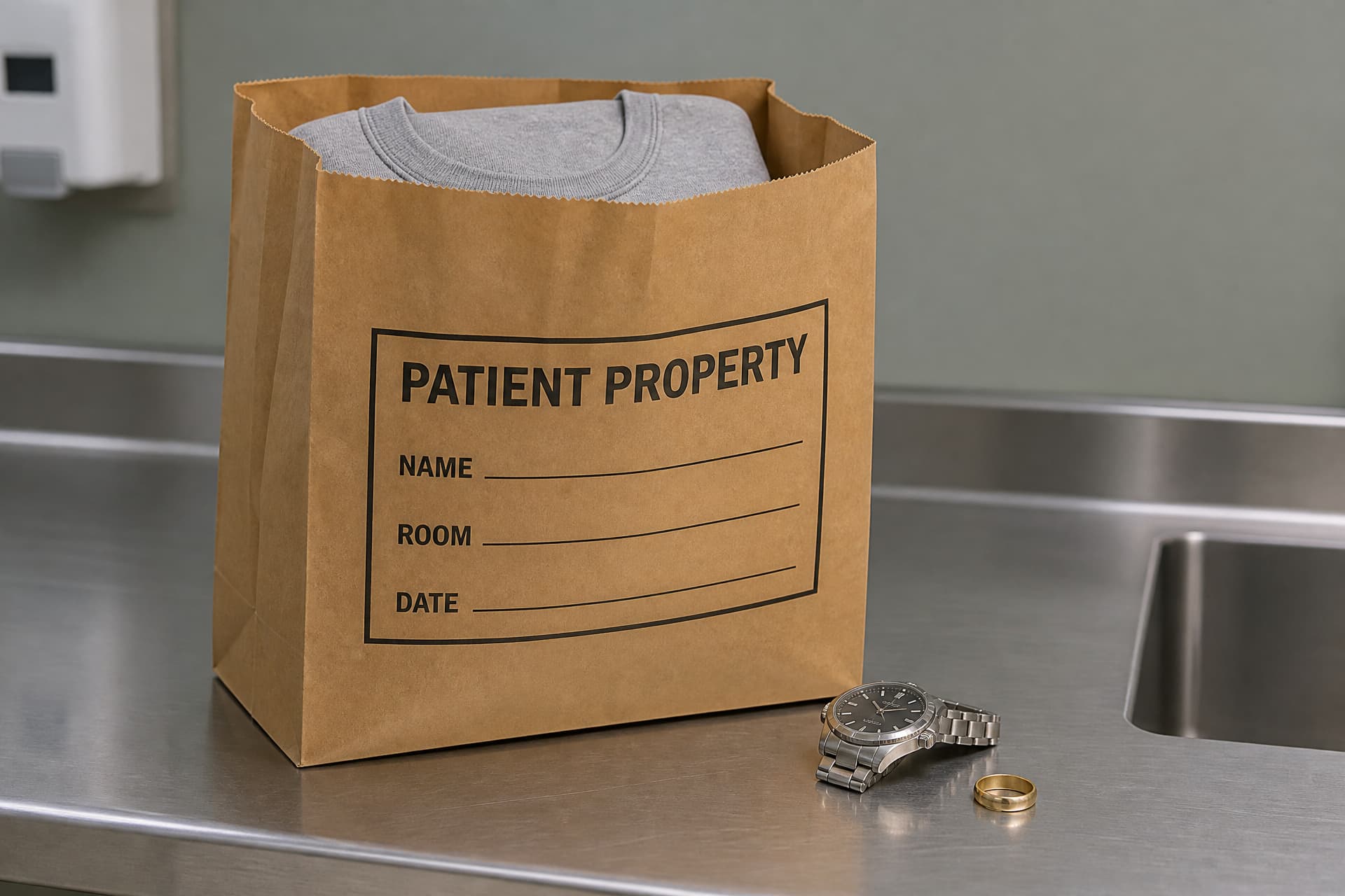 A folded gray sweatshirt inside an open paper patient-property bag on a stainless steel hospital counter, a wristwatch and a wedding ring laid out beside it