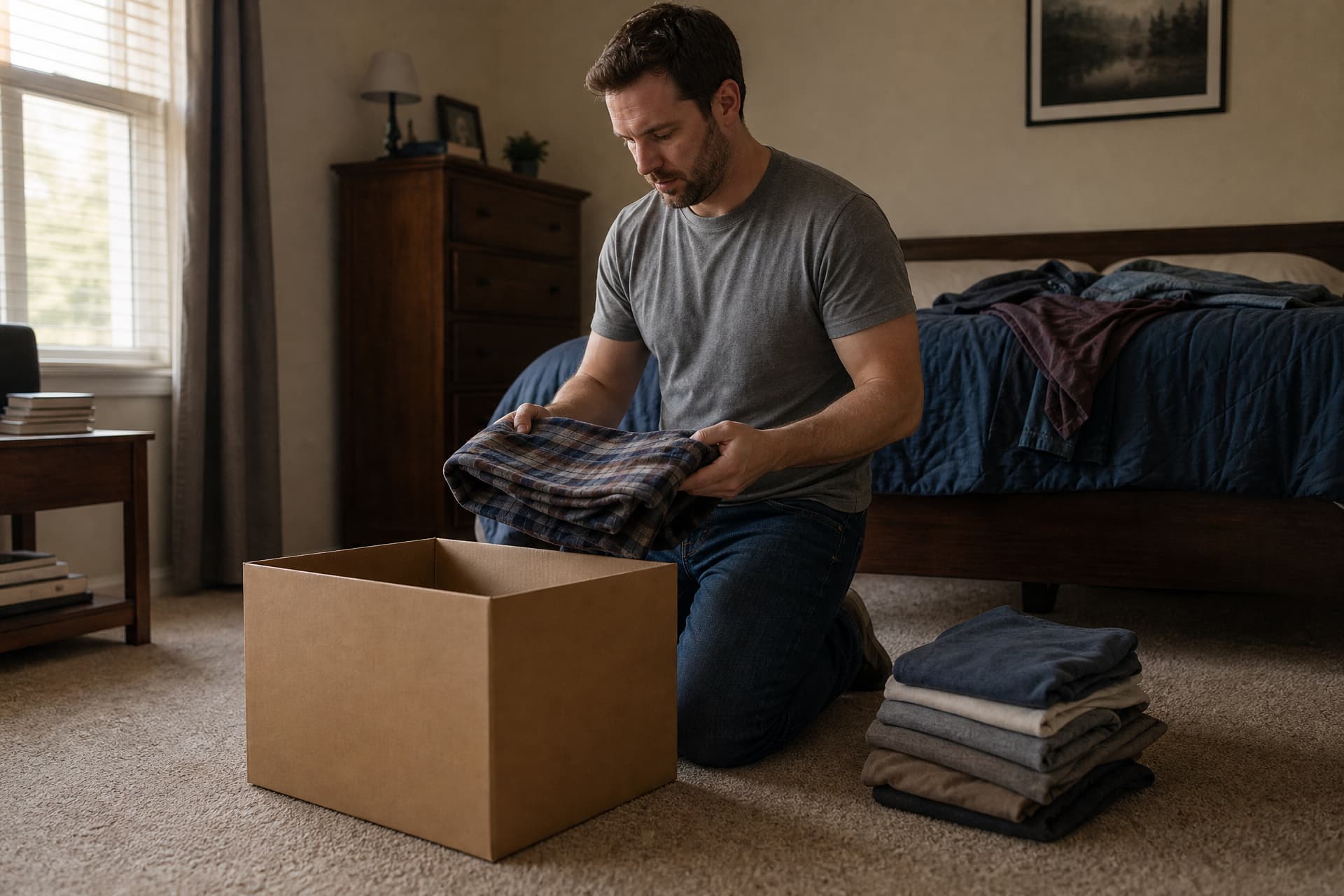 A man kneeling on a bedroom floor, folding a flannel shirt into an open cardboard carton, with a stack of already-folded clothes on the carpet beside him