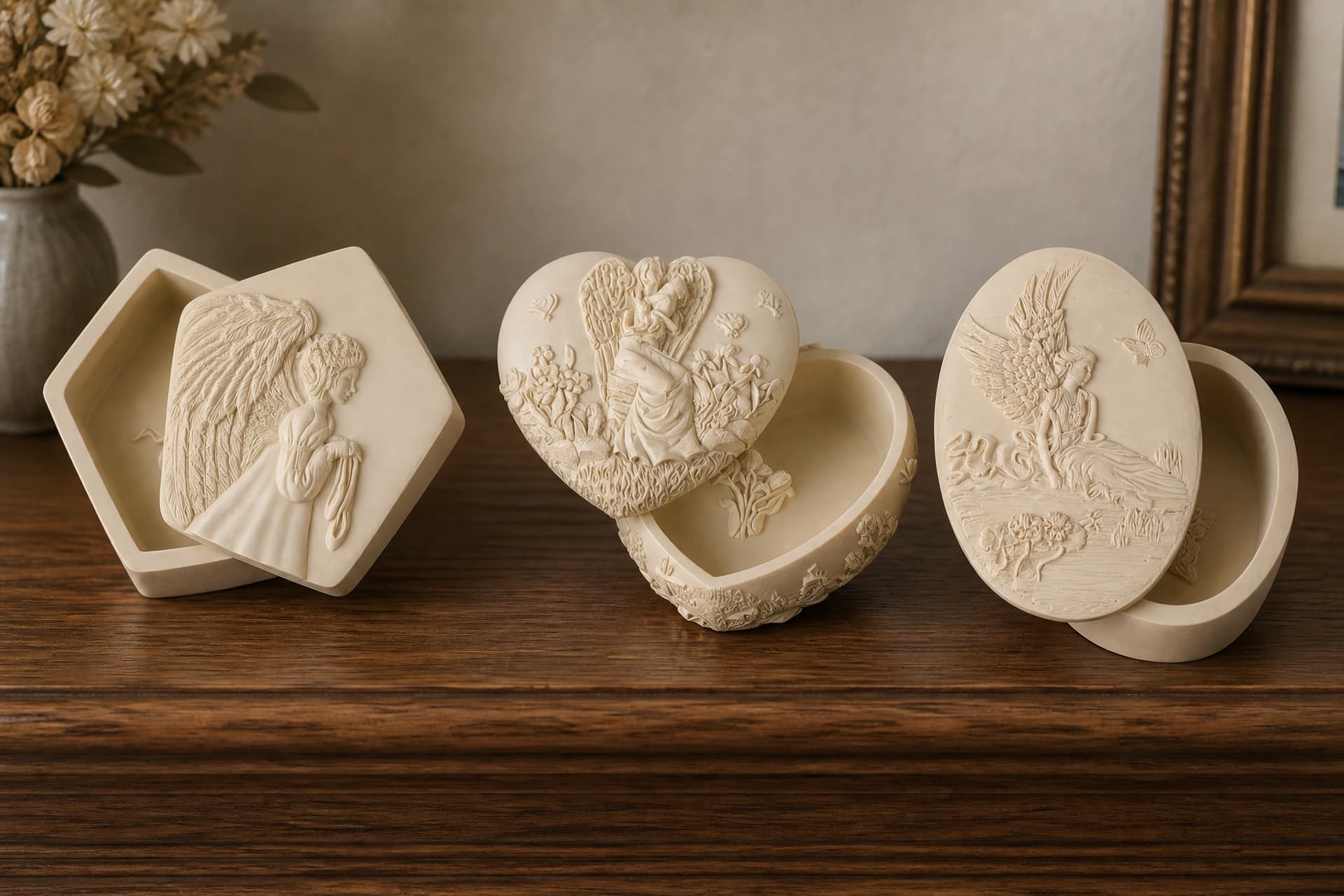 Three cream keepsake boxes with carved angel reliefs, their lids set ajar, on a dark wooden shelf beside a vase of dried flowers