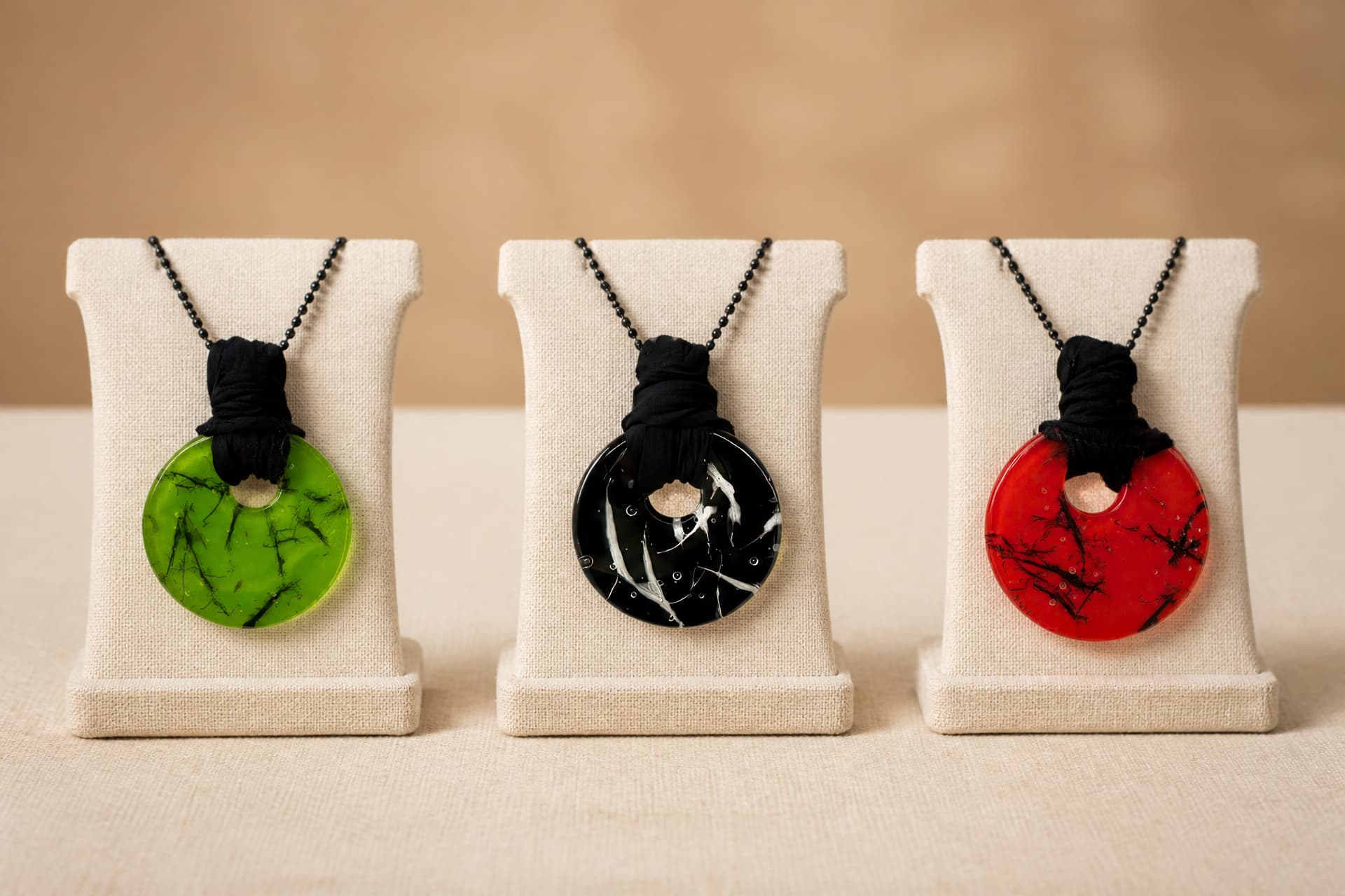 Three memorial hair keepsake pendants on separate cream display stands: a lime green glass disc, a black glass disc and a red glass disc, each holding a lock of hair sealed inside the glass