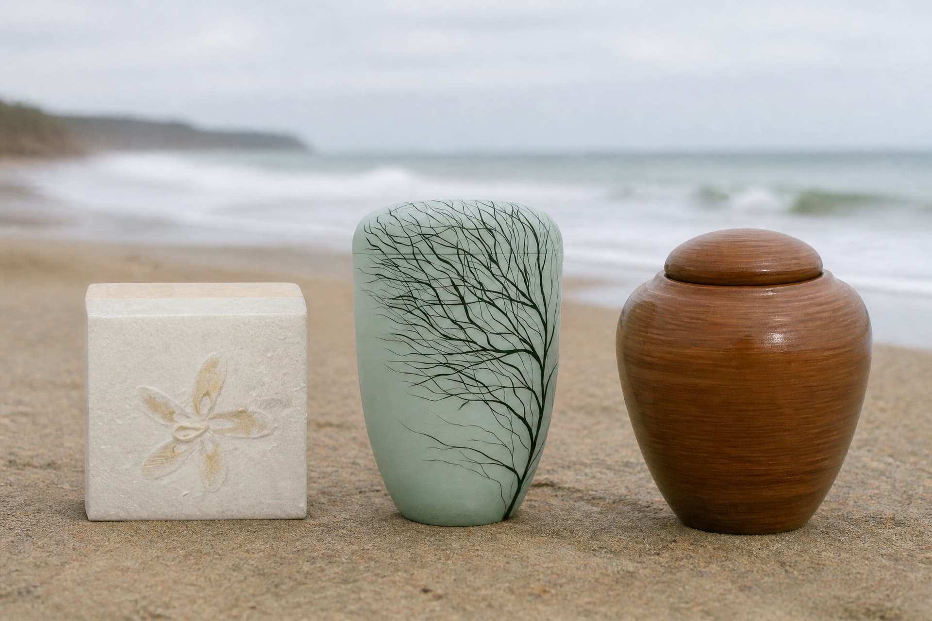 Three biodegradable urns of different shapes and natural materials โ a pale carved cube, a soft green tapered vessel and a turned wooden jar โ standing on firm damp sand with gentle surf and a low headland behind, in flat overcast light
