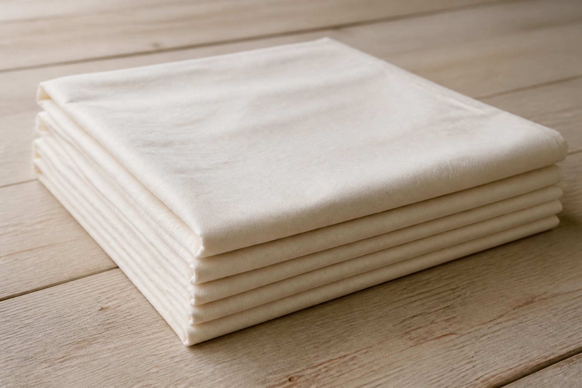Folded lengths of plain undyed white cotton cloth stacked on a clean wooden surface in soft side light