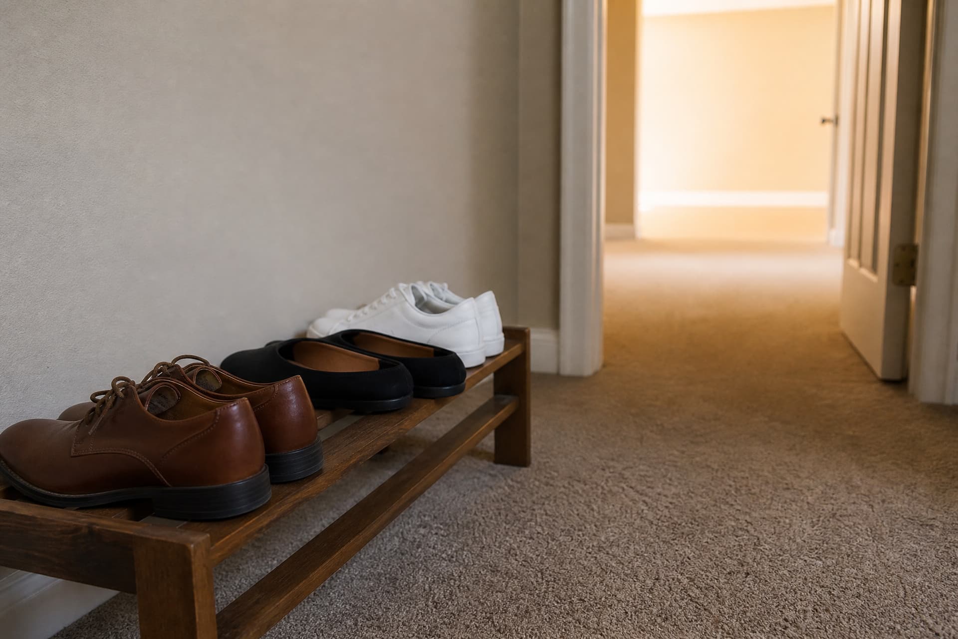 Several pairs of shoes set neatly on a low wooden rack beside a doorway, with a softly out-of-focus carpeted room beyond