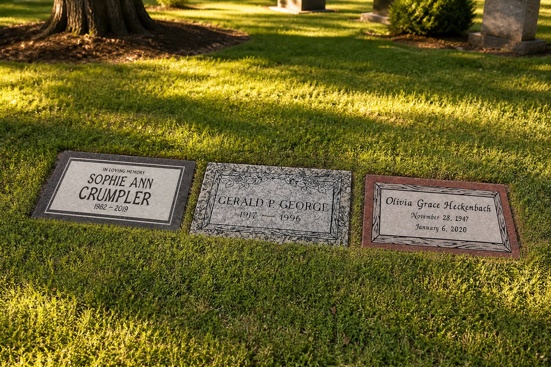 Three flat granite grave markers set level with the turf on a cemetery lawn, each engraved with a name and dates