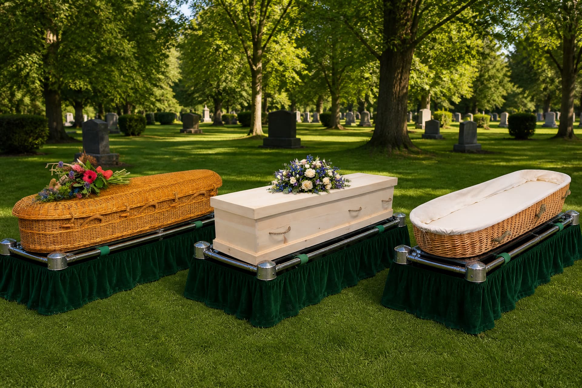 Three plain burial containers side by side on draped biers on a cemetery lawn โ a woven seagrass coffin, an unfinished plank wood casket, and an open willow carrier lined with cream cotton