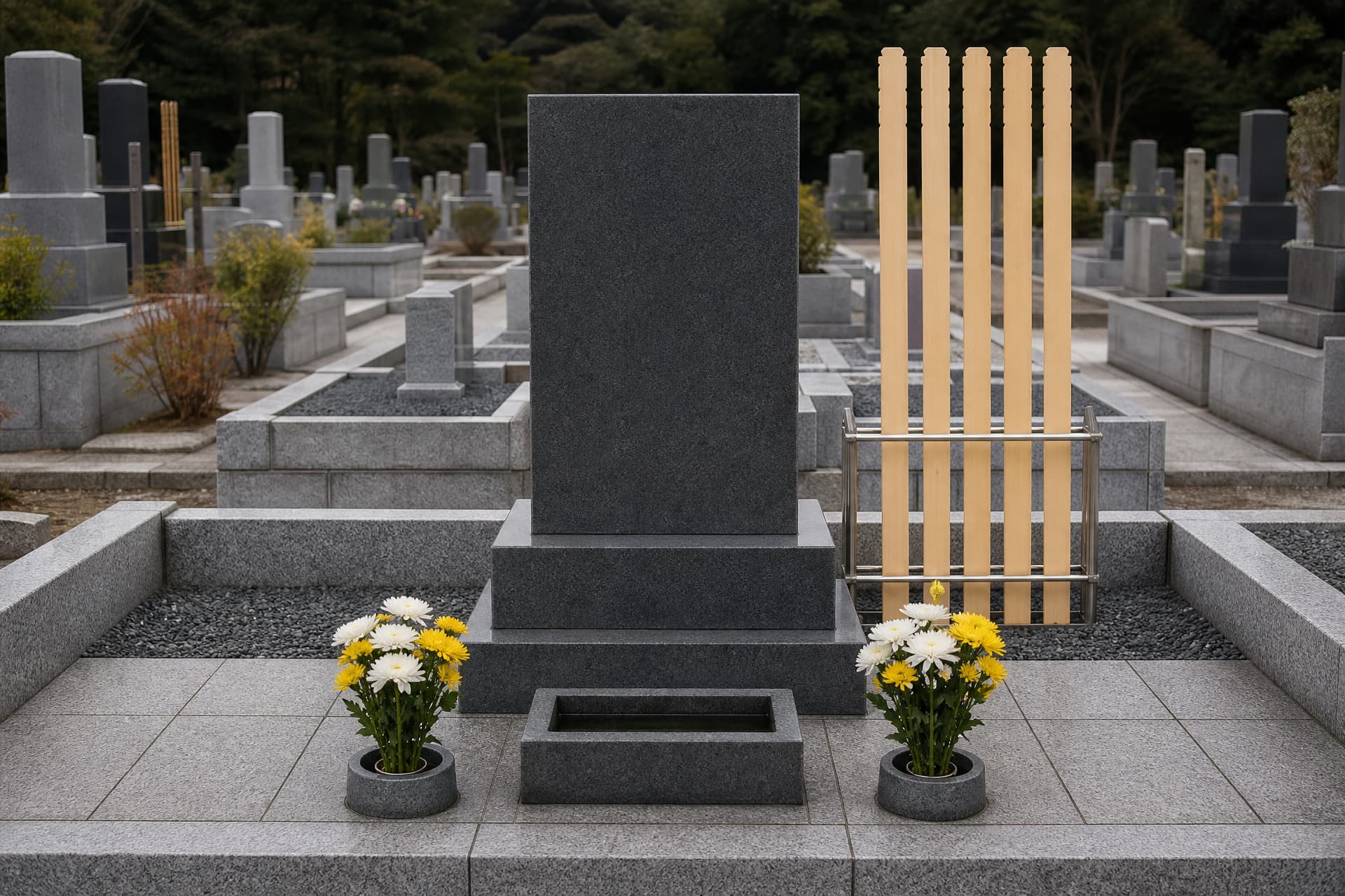 A dark polished granite family grave with a water basin and flower holders at its base, tall wooden boards standing behind it, and fresh chrysanthemums placed, in overcast daylight