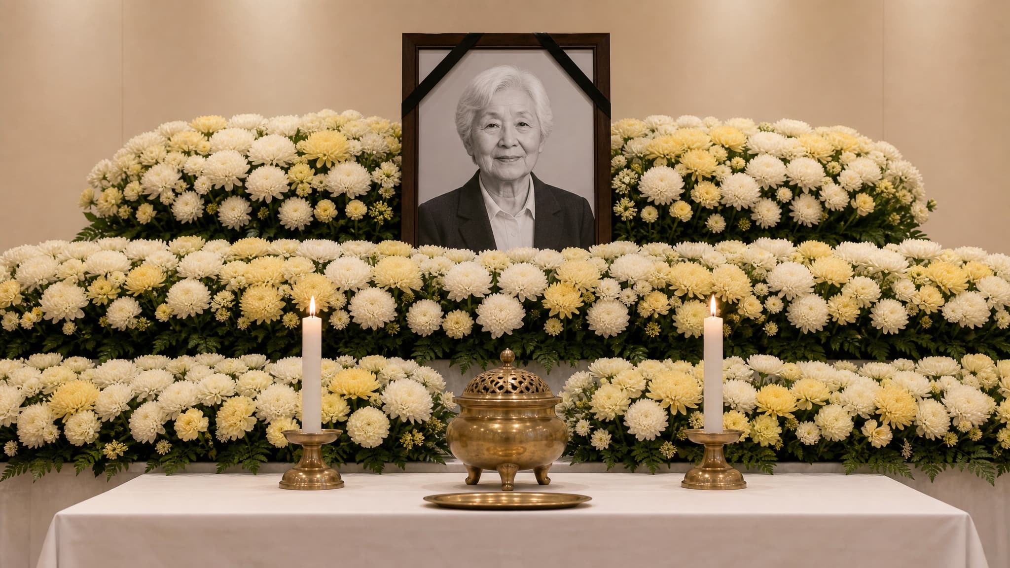A funeral hall altar tiered with white and yellow chrysanthemums around a framed portrait draped in black ribbon, with a brass incense burner on the low table in front