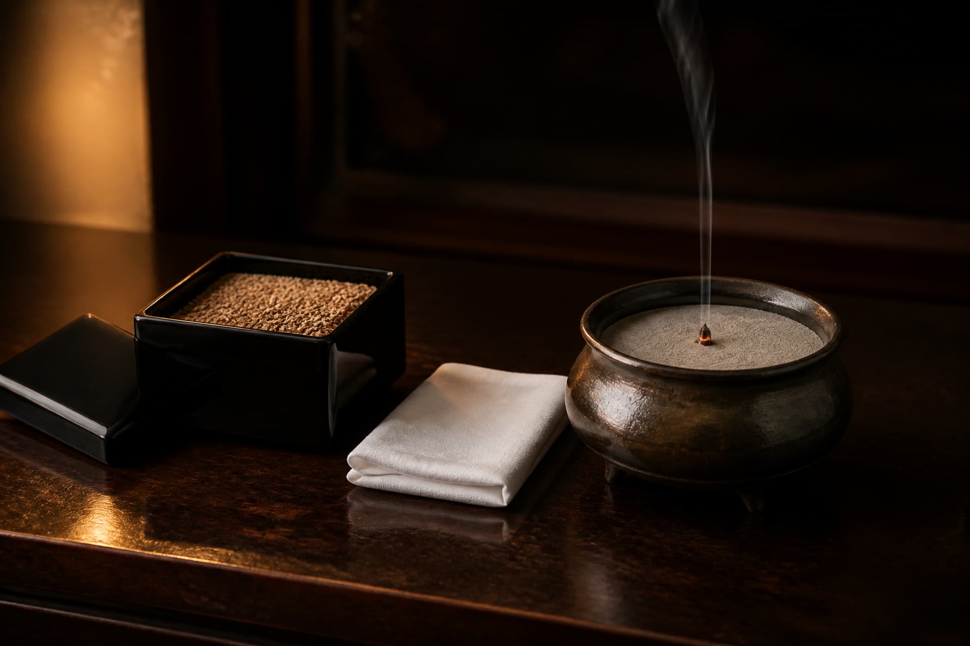 A small black lacquer box of granulated incense standing open beside a metal incense burner on a low altar table, with a single thread of smoke rising from the ash