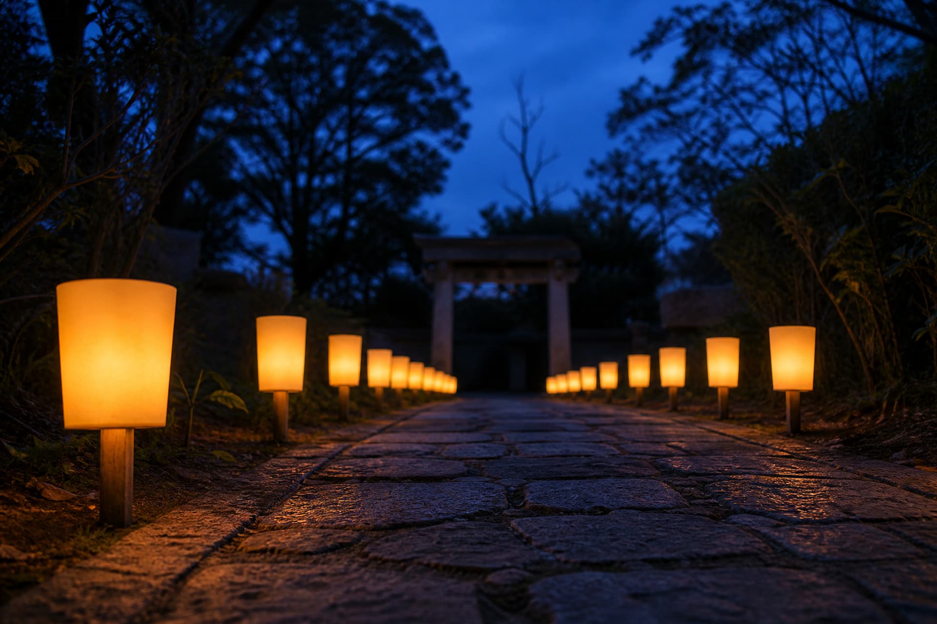 Small paper lanterns lit at dusk along a stone path leading toward a cemetery gate, photographed low with the path receding